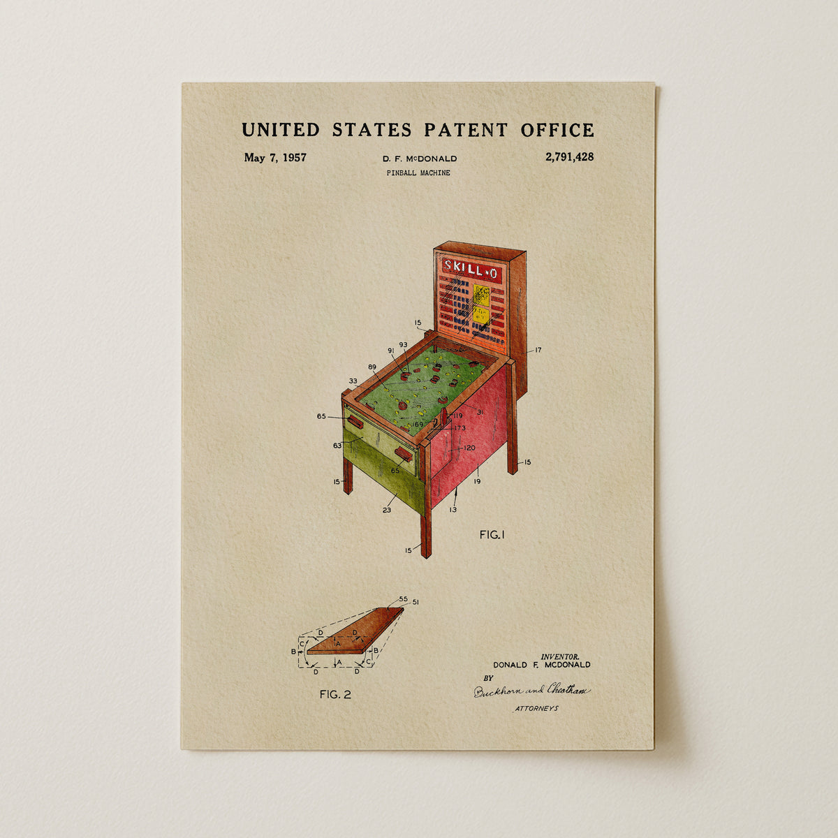 Skill Pinball Machine (1957) patent art print