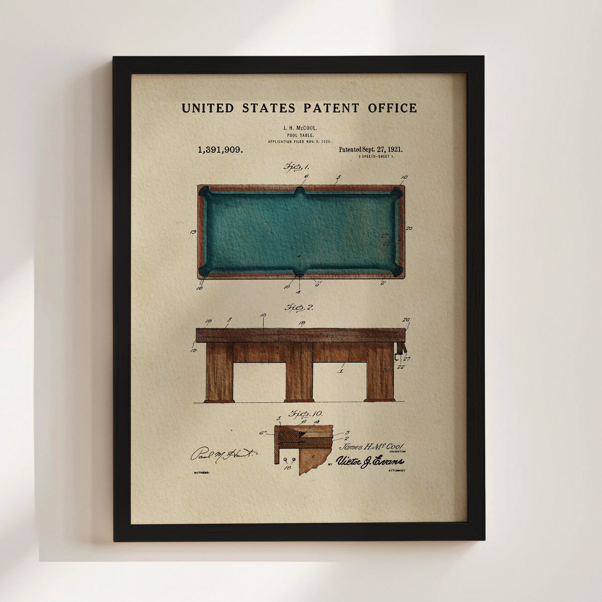 The image is a framed patent drawing of a pool table, depicting the design and construction of the table.