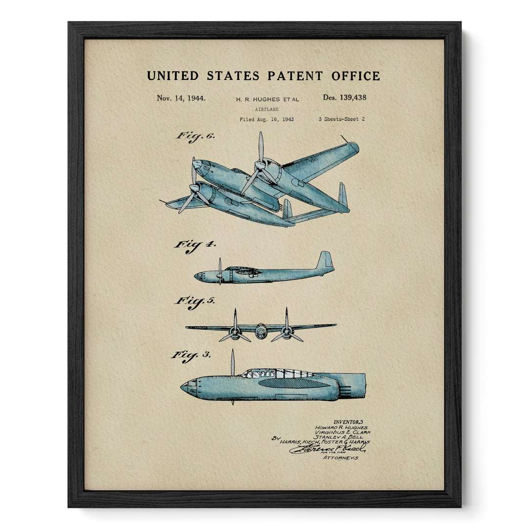 The image is a framed vintage patent drawing of a blue airplane, depicting the design and features of the aircraft.