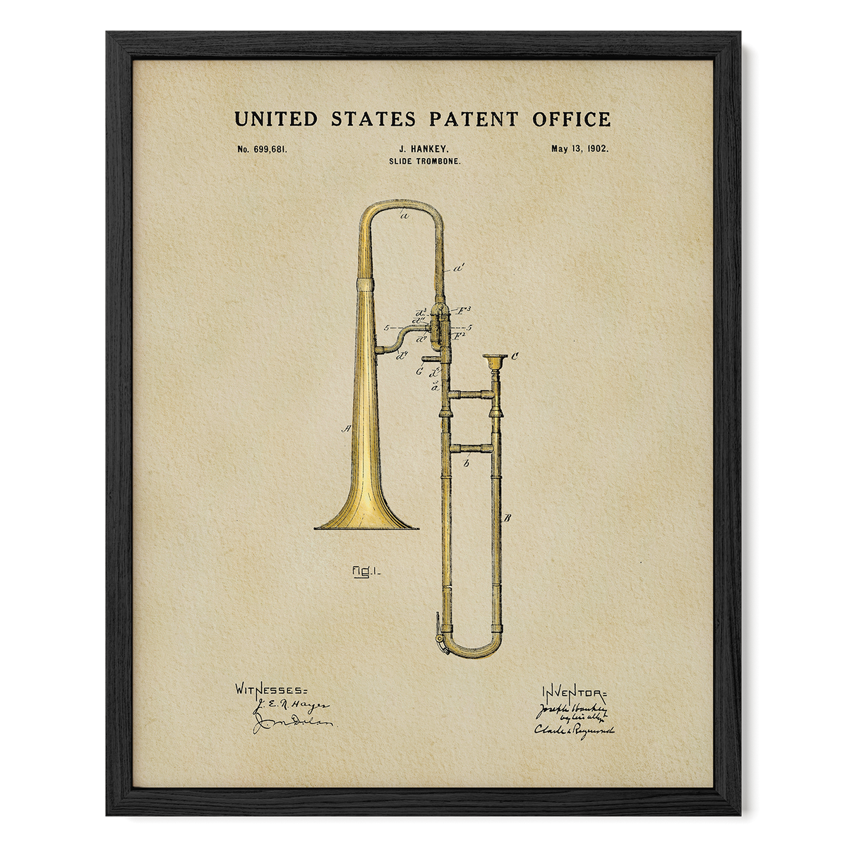 The image is a framed patent drawing of a trumpet, depicting the instrument in a detailed and technical manner.