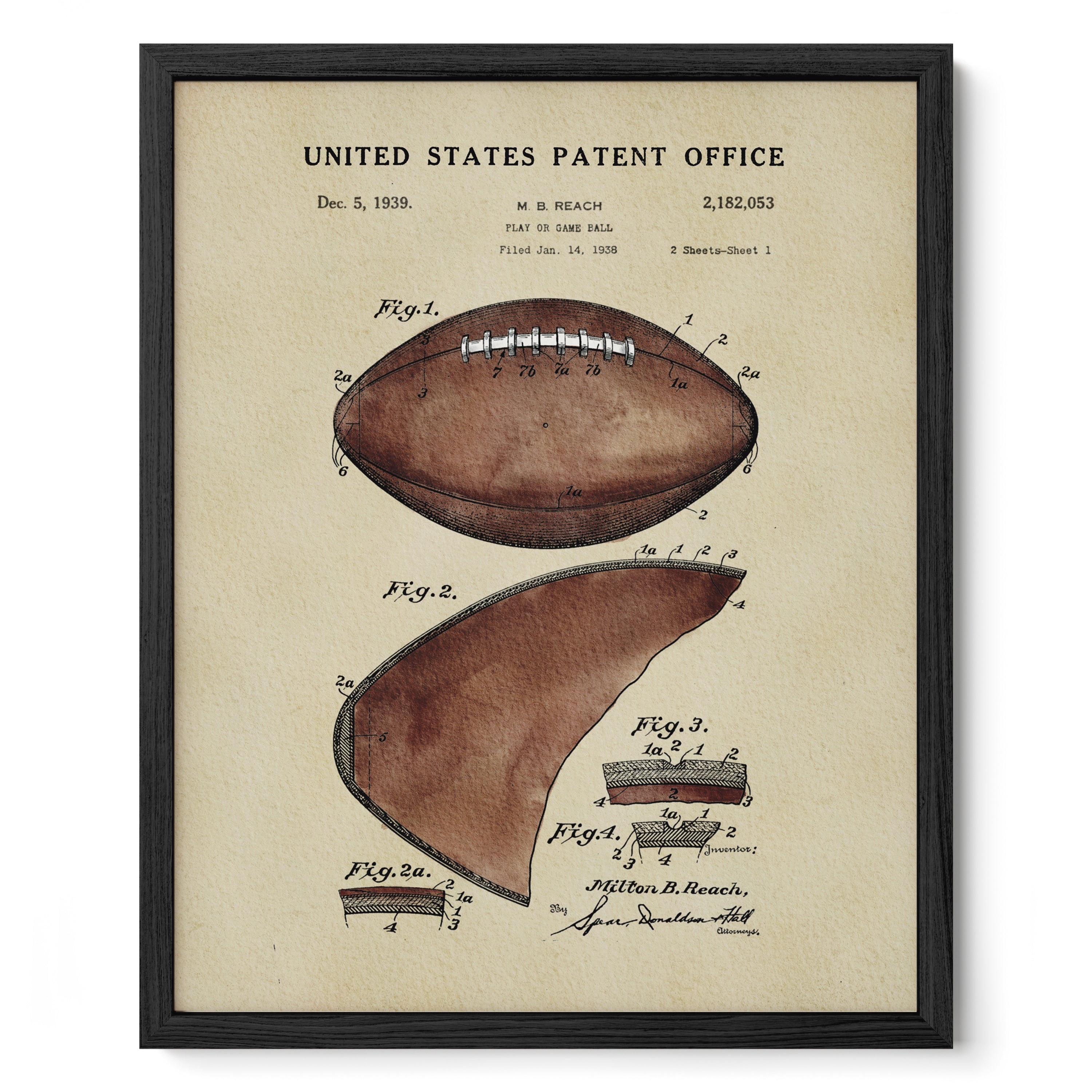 The image is a framed vintage patent drawing of a football, depicting the design and features of the ball.