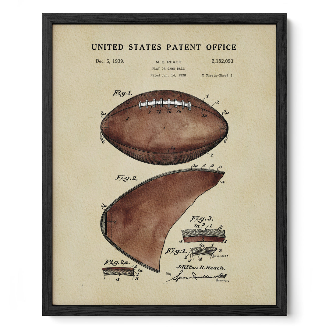 The image is a framed vintage patent drawing of a football, depicting the design and features of the ball.