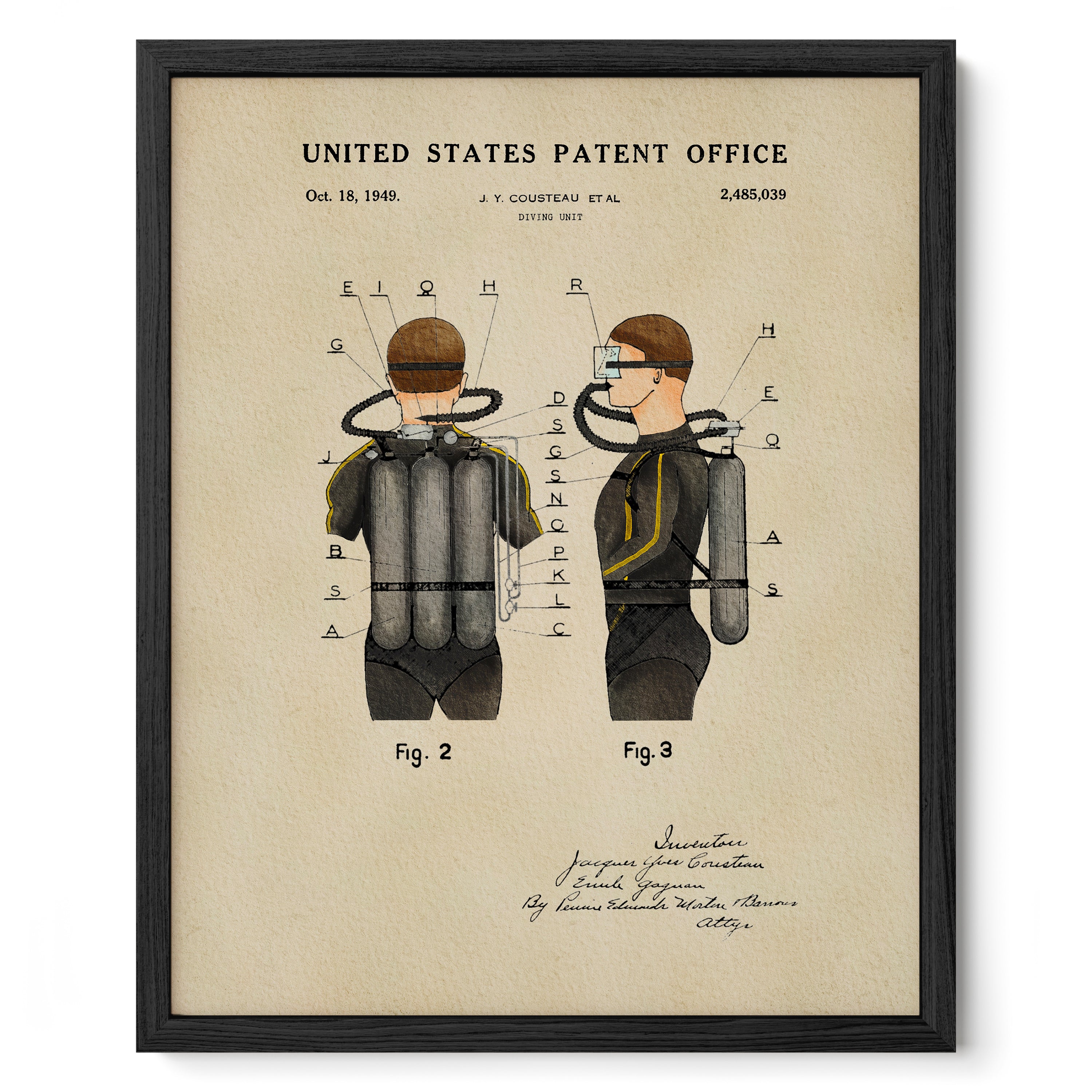 The image is a framed patent drawing depicting a scuba diver's equipment, including a mask, a wetsuit, and a diving suit.
