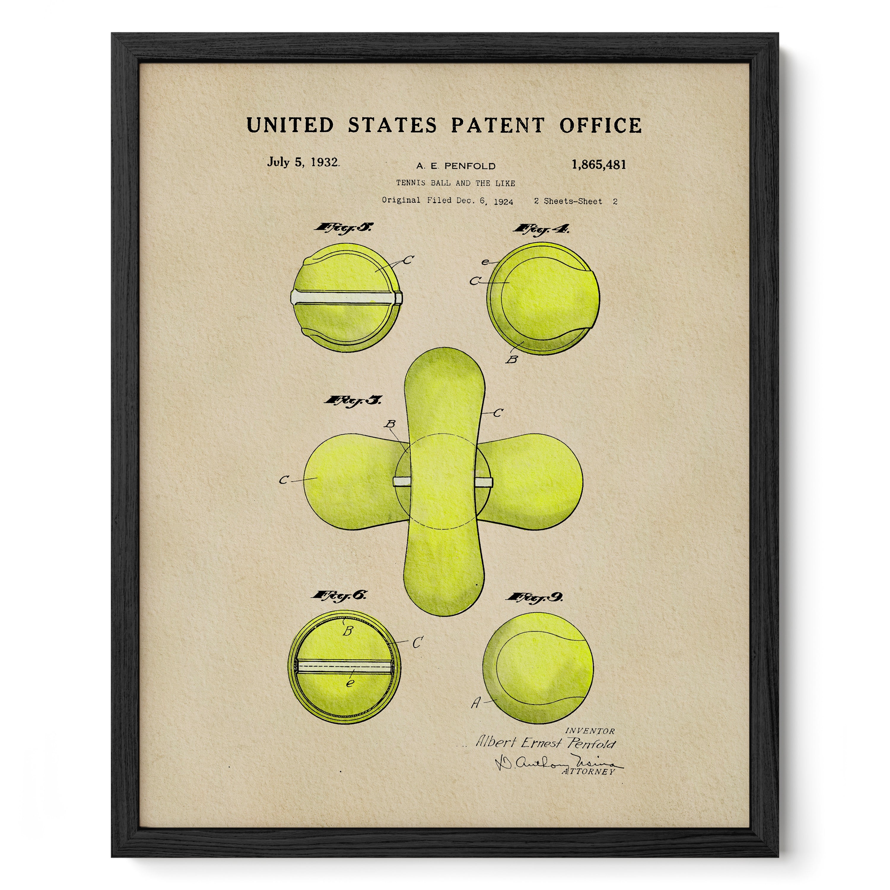 The image is a framed patent drawing depicting a tennis ball and racket.