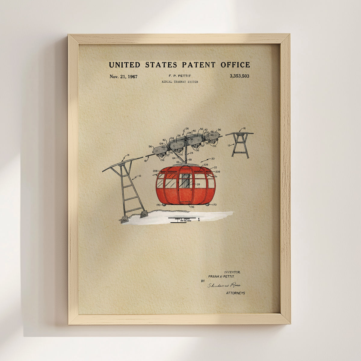The image is a framed print of a United States patent office patent from Nov. 21, 1967, titled "AERIAL TRANSMITTING SYSTEM".