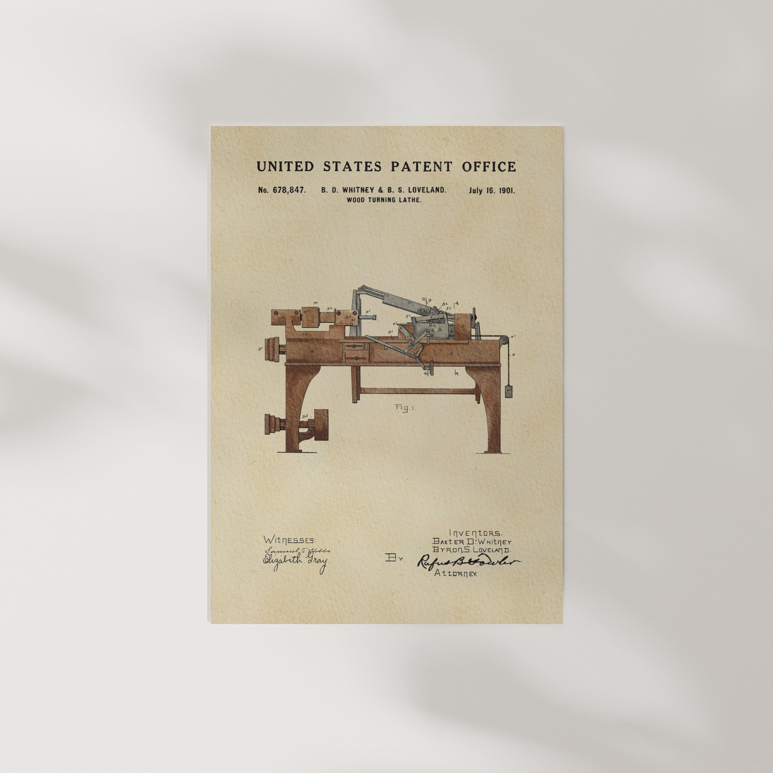 The image is a patent application from the United States Patent Office, dated July 16, 1906, for a wood turnmill.
