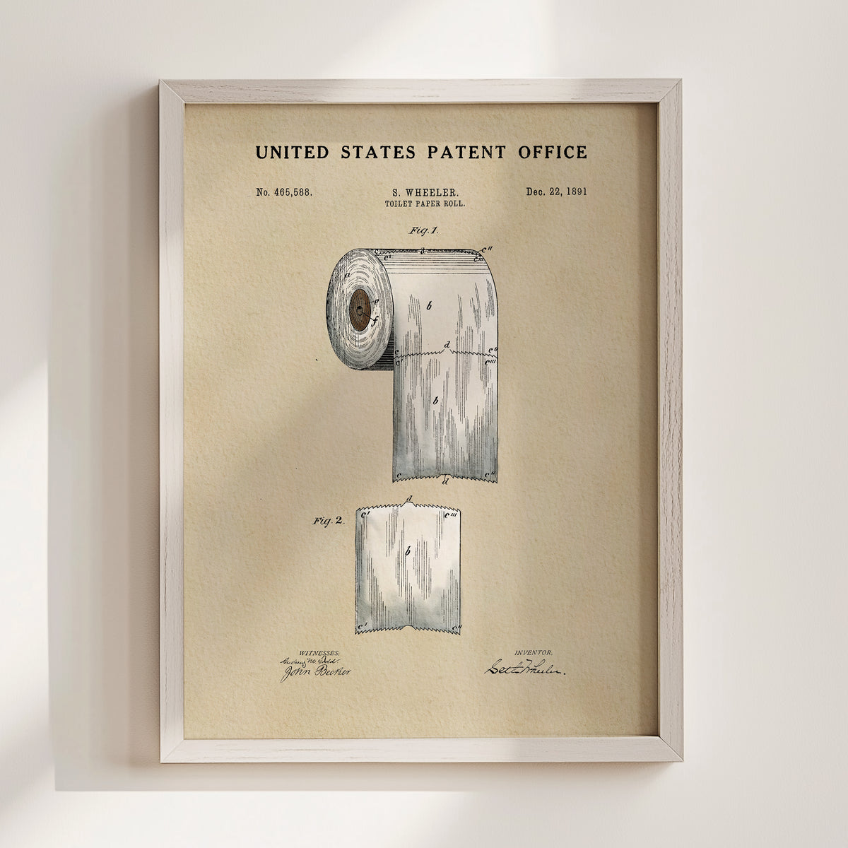 The image is a framed print of a United States patent office patent from December 22, 1901, titled "Toilet Paper Roll".