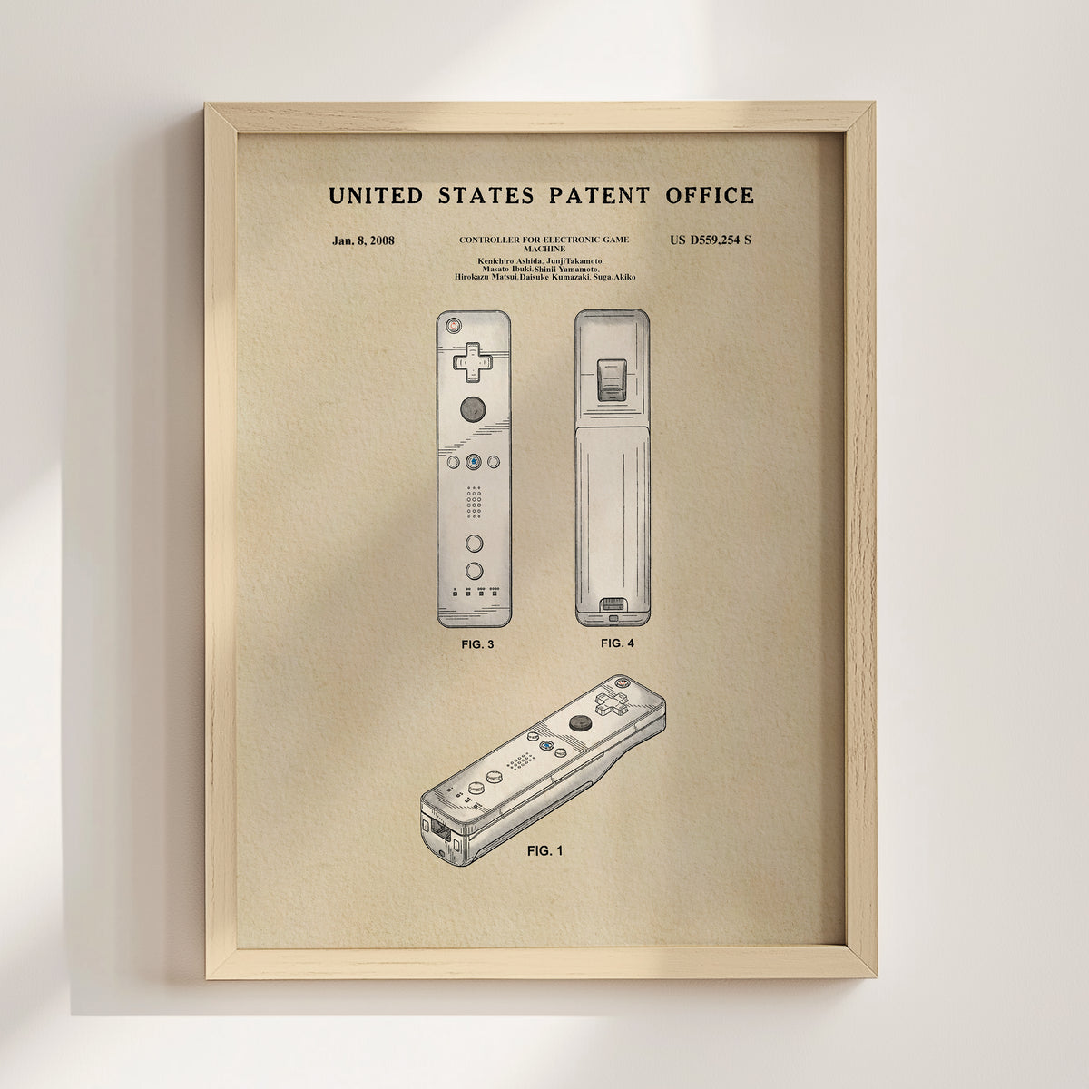 The image is a framed patent drawing depicting two Wii controllers, with the United States Patent Office's patent filing details visible.