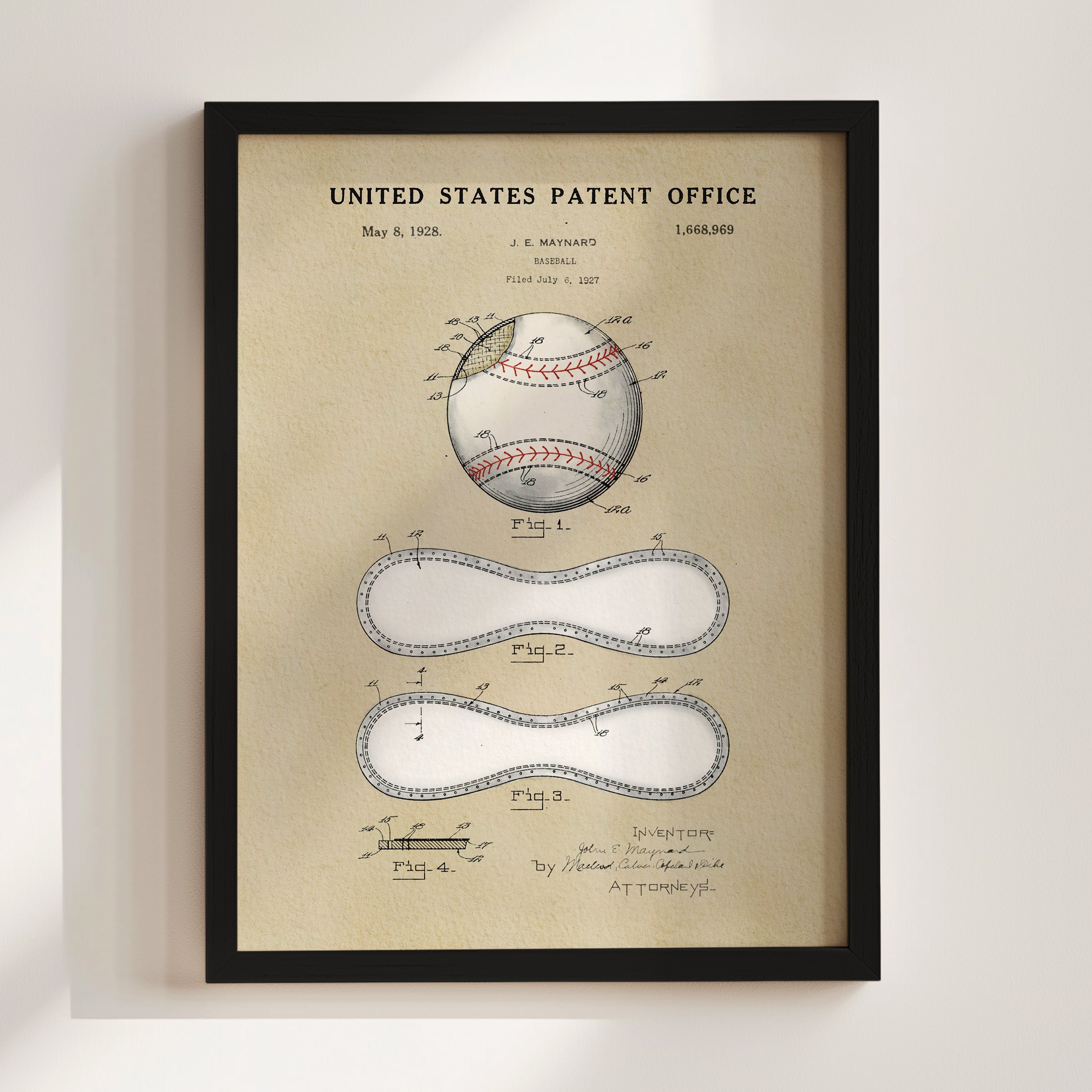 The image is a framed print of a baseball-related patent drawing from 1920, depicting a baseball and a baseball cleat.