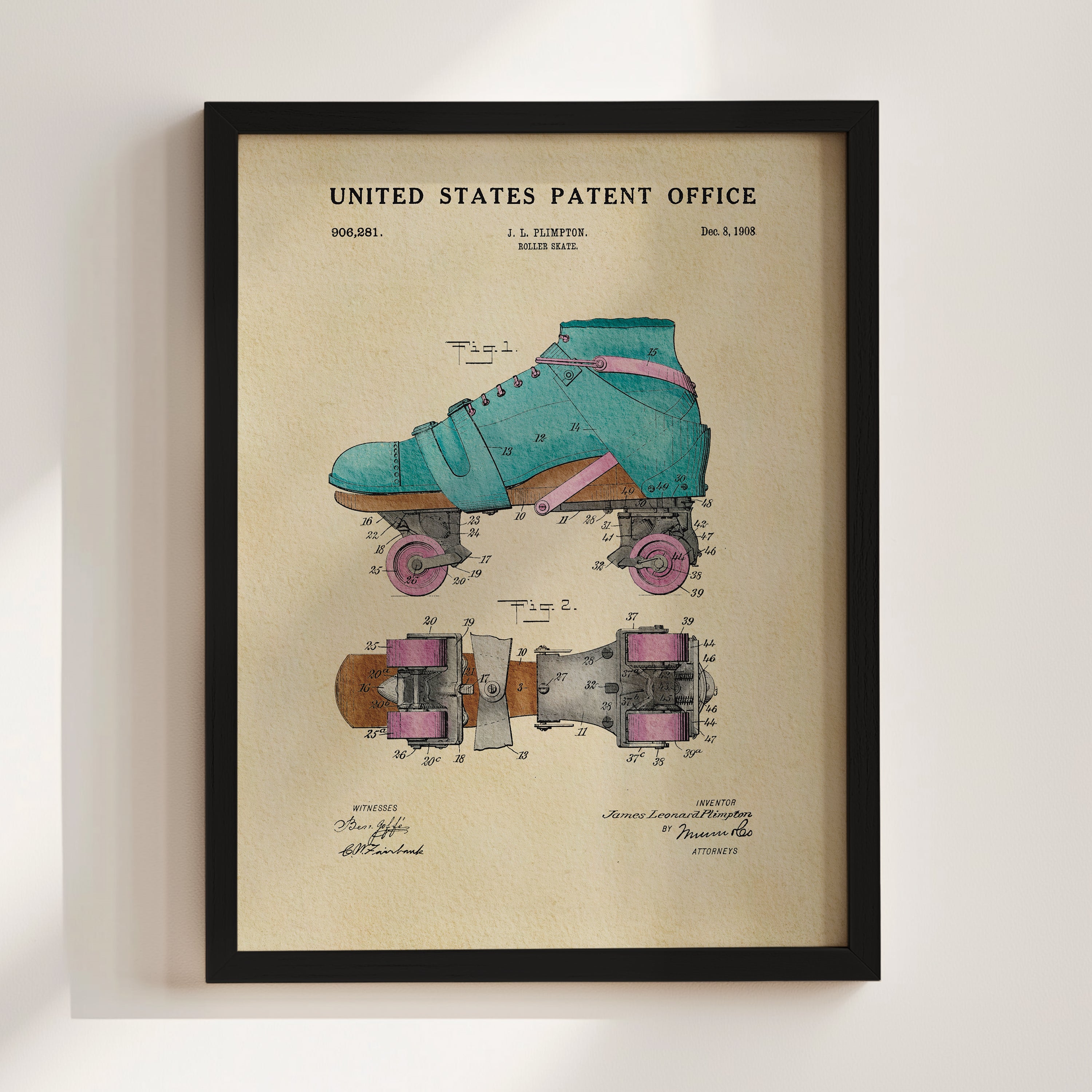 The image is a framed patent drawing of a roller skate, depicting the design and features of the skateboard.