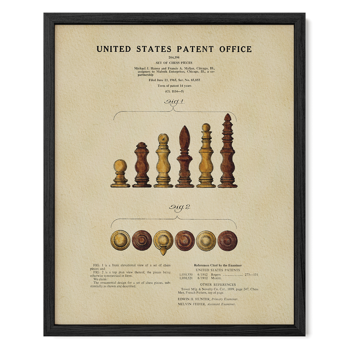 The image is a framed patent office patent from the United States, featuring a detailed illustration of chess pieces and their corresponding patent applications.