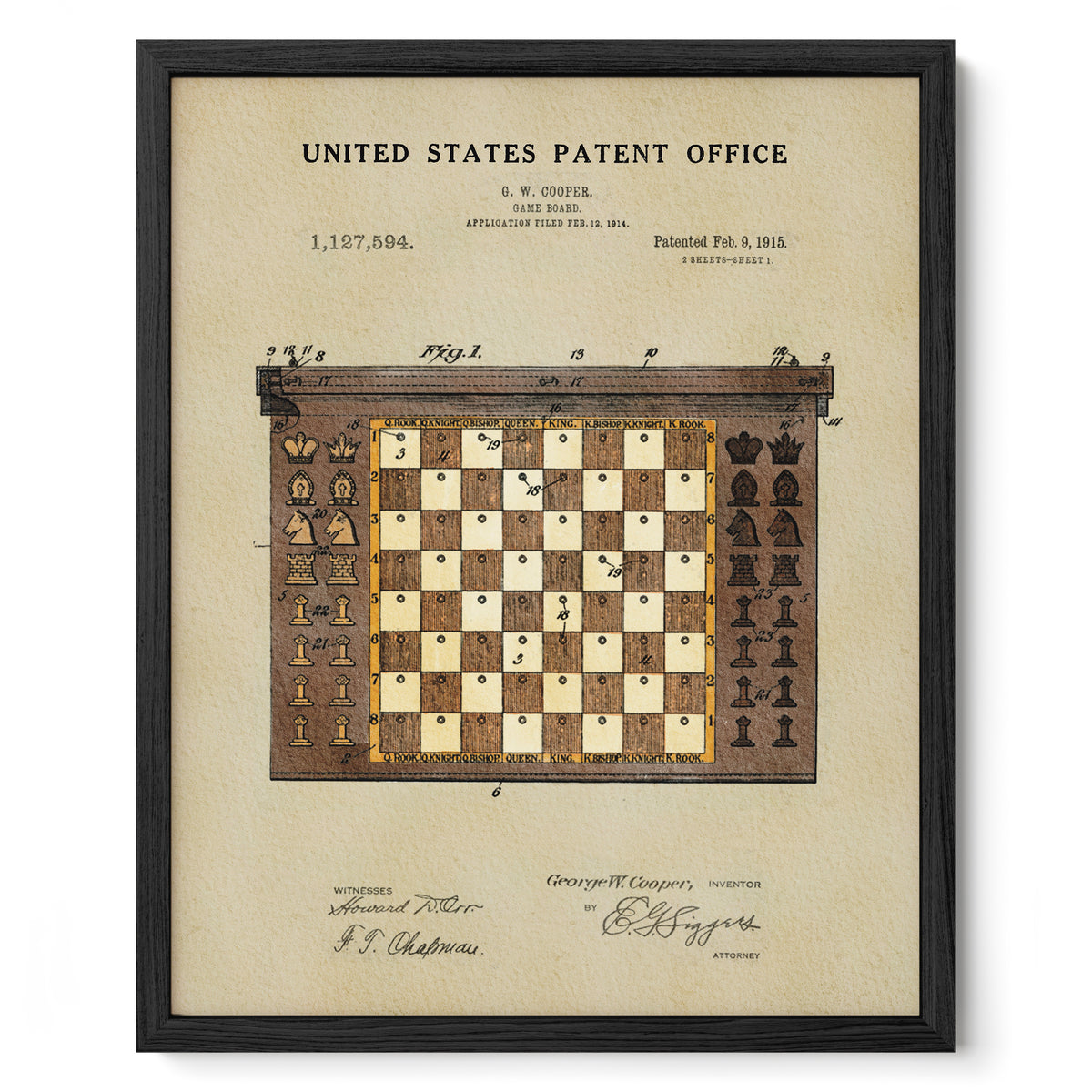 The image is a framed patent drawing depicting a chess board with chess pieces, along with the title "United States Patent Office" and the date "1,127,904."