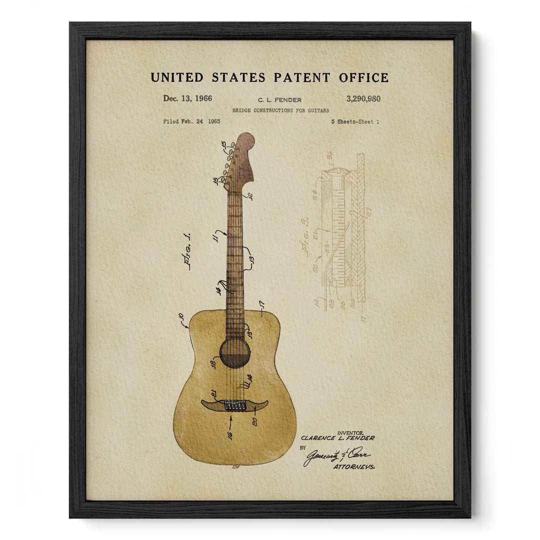 The image is a framed print depicting a guitar with a patent application from the United States Patent Office dated December 13, 1966.