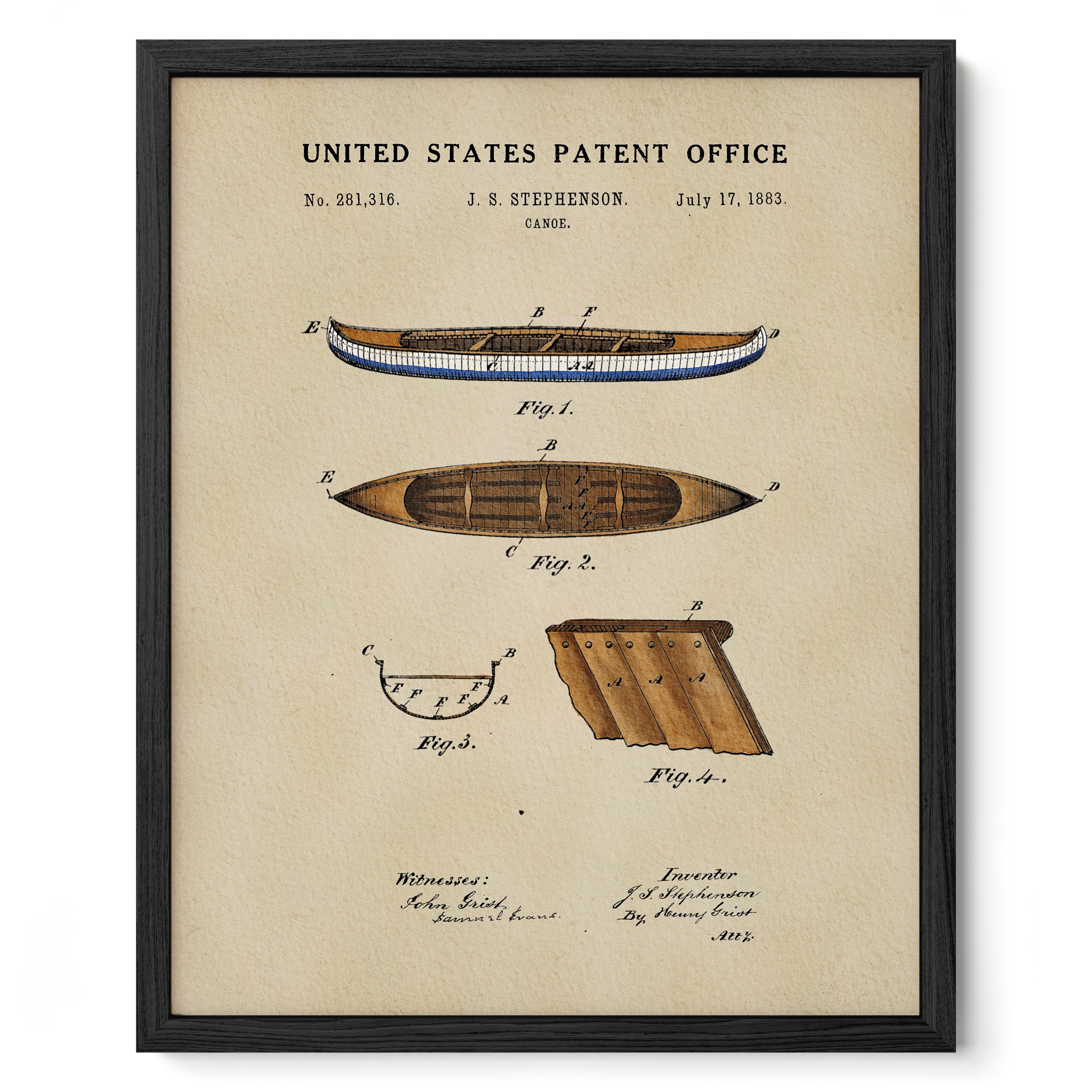 The image is a framed print of a United States patent office patent from July 17, 1863, depicting a canoe.
