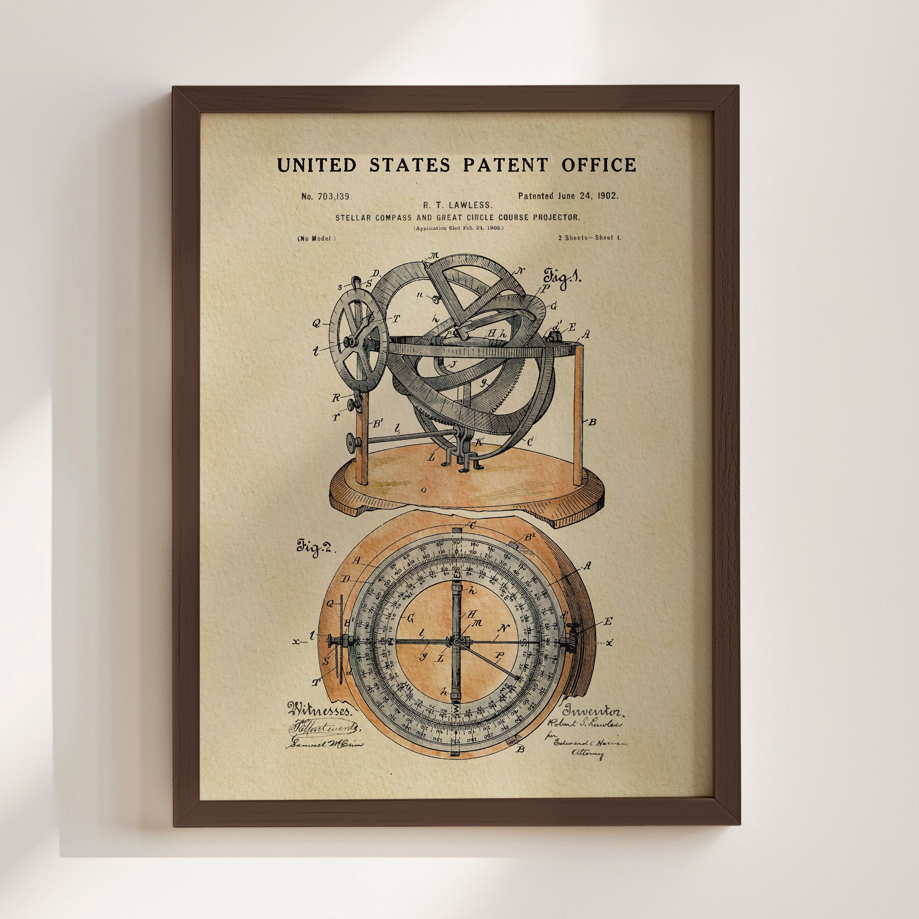 The image is a framed vintage patent drawing depicting a mechanical device with a compass and a model of a telescope.