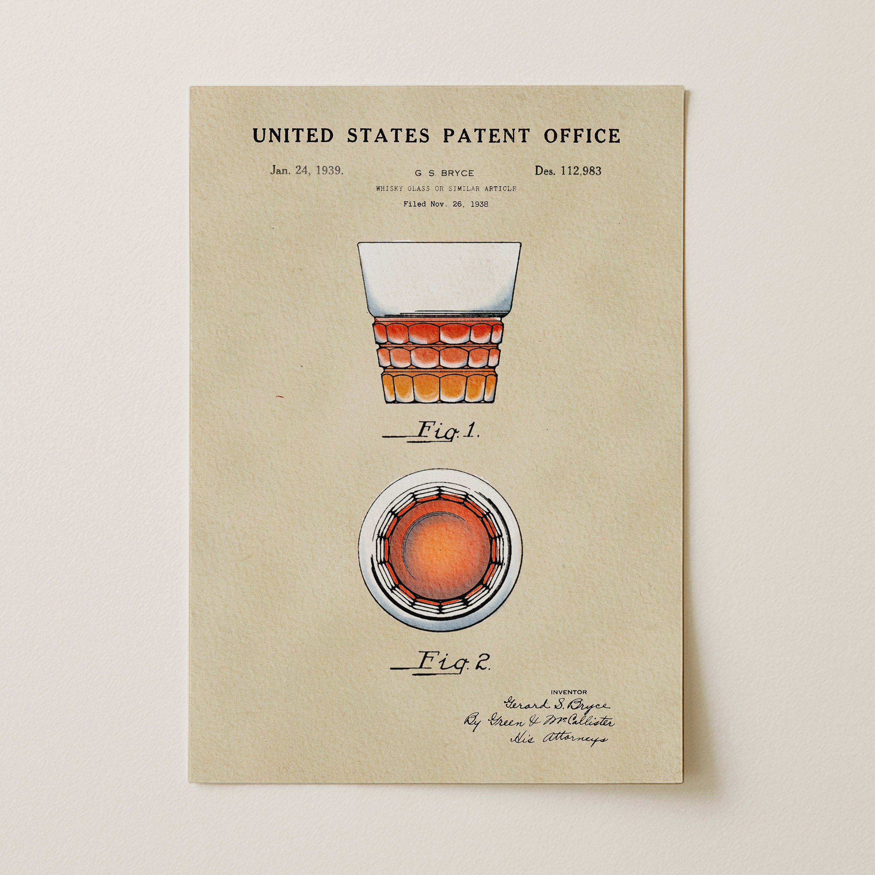 The image is a patent drawing from the United States Patent Office, dated January 24, 1939, depicting a glass of whiskey with a distinctive design.