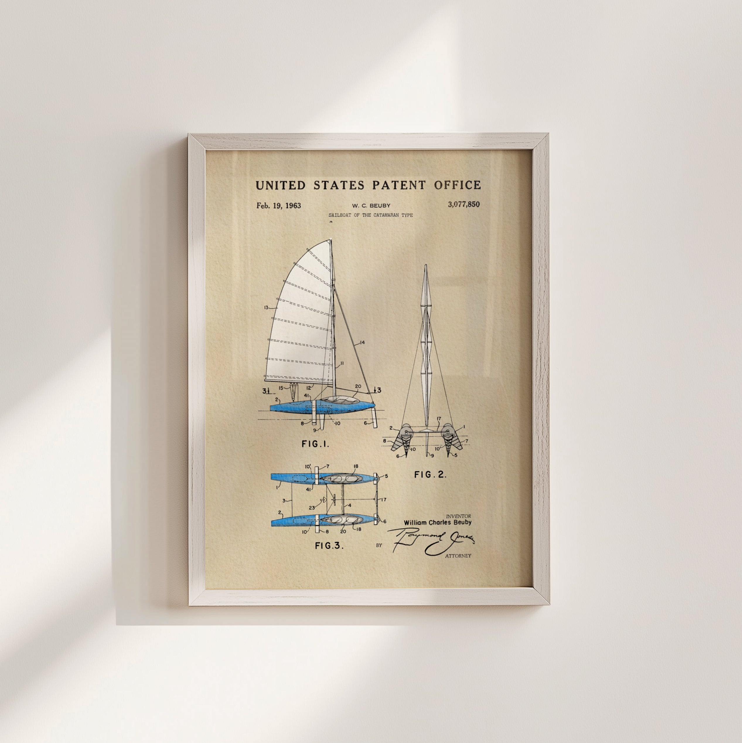 The image is a framed patent drawing depicting a sailboat design, with technical drawings and specifications.