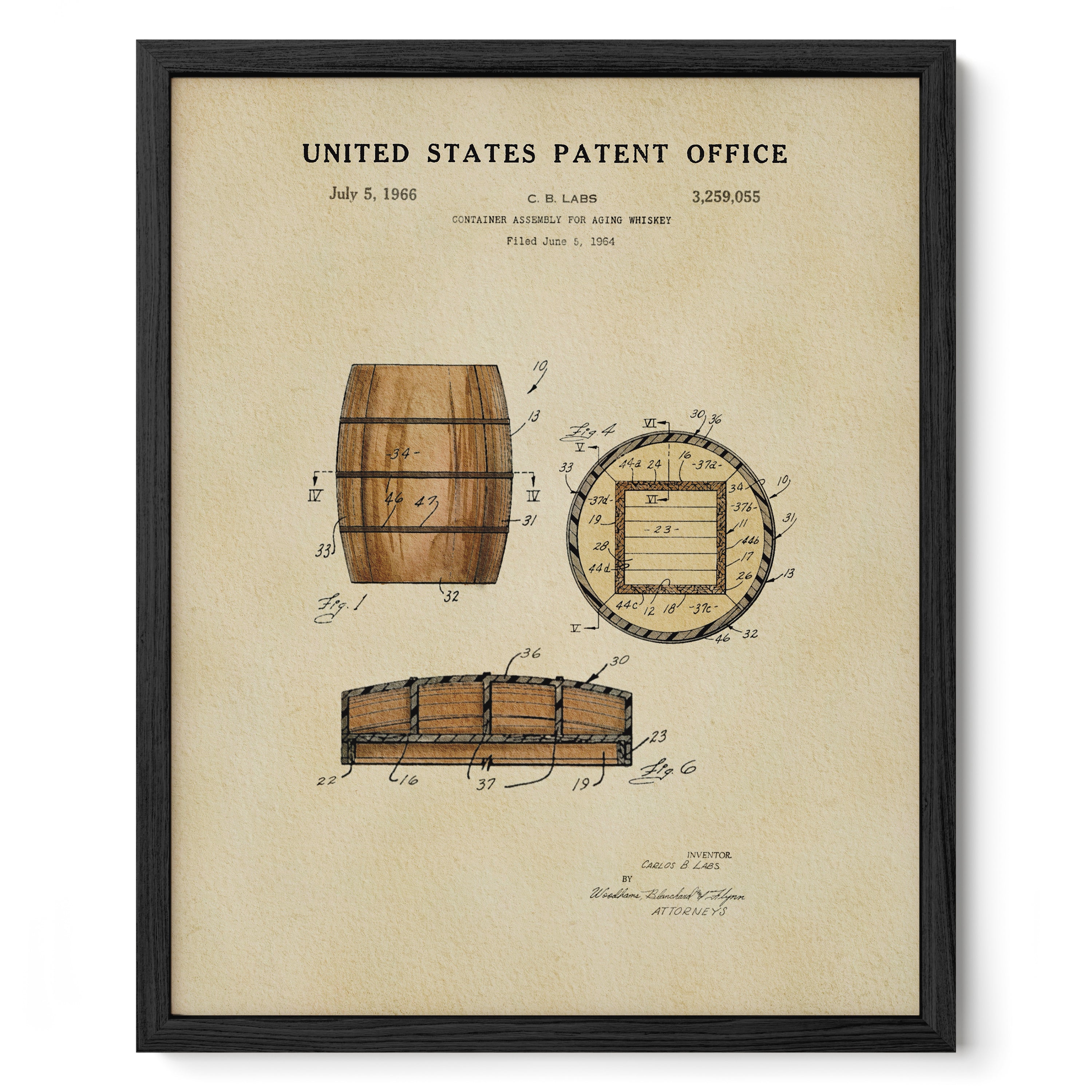 The image is a framed patent drawing from the United States Patent Office, depicting a wooden barrel with detailed technical drawings and specifications.