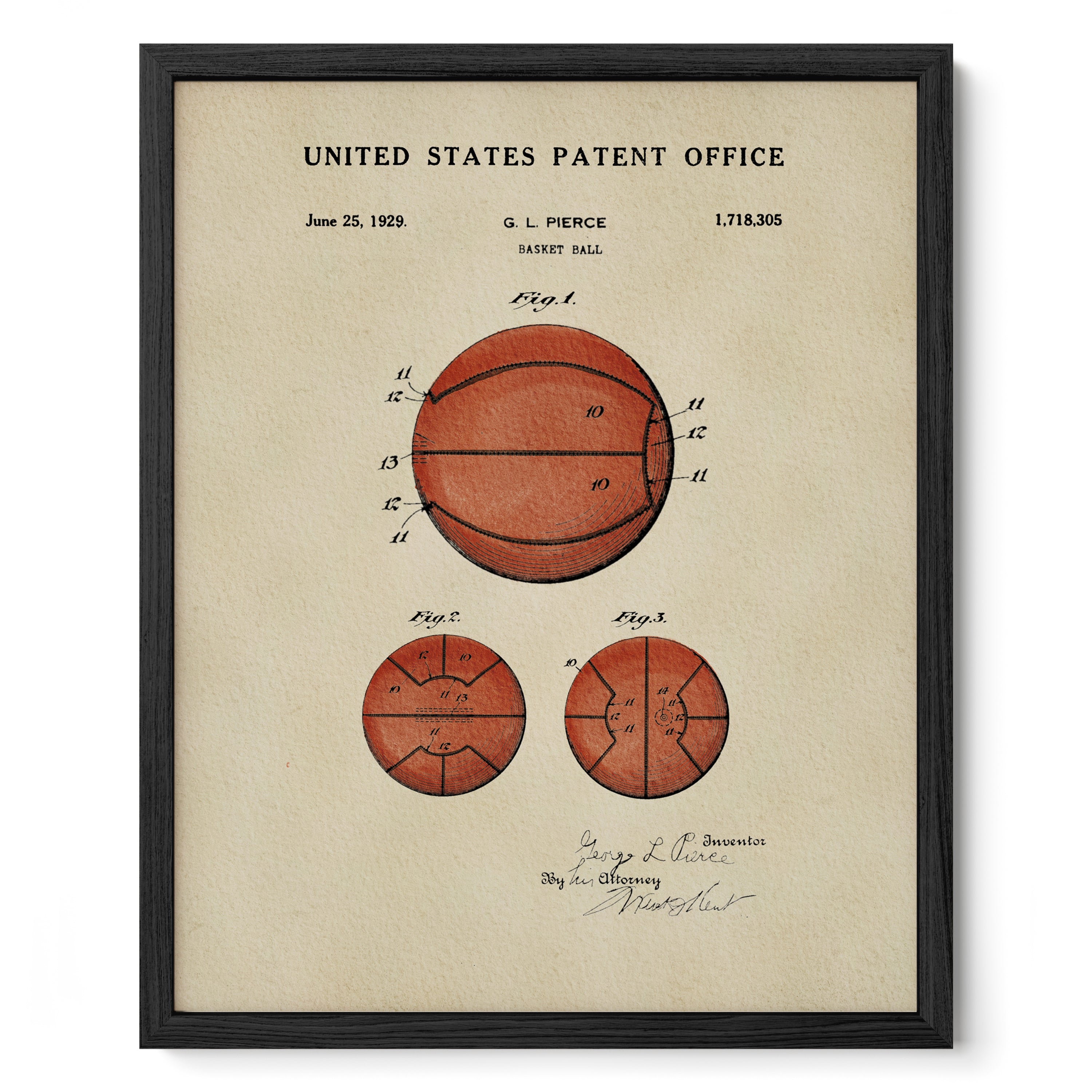 The image is a framed print of a United States patent office patent from June 25, 1929, for a basketball.