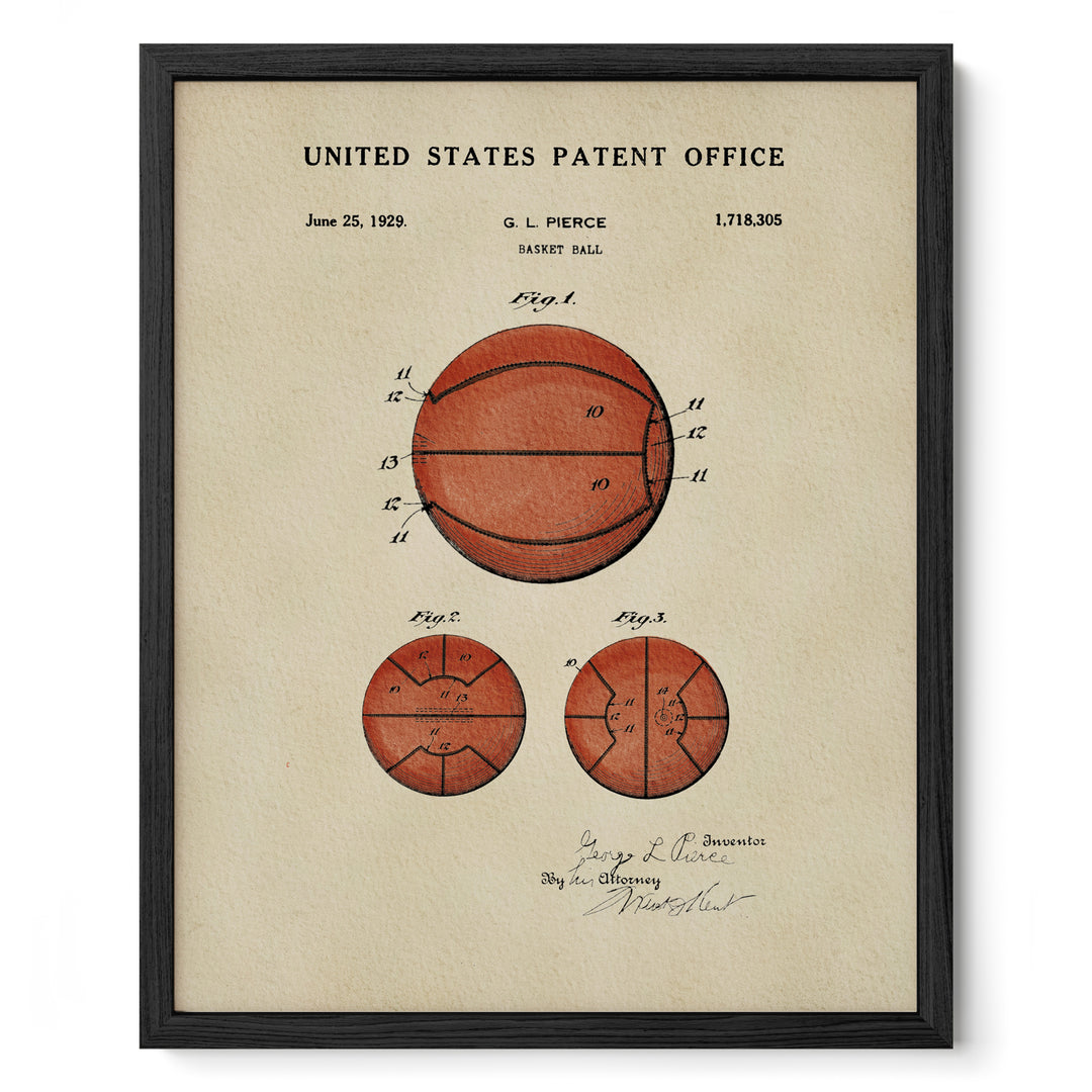 The image is a framed print of a United States patent office patent from June 25, 1929, for a basketball.