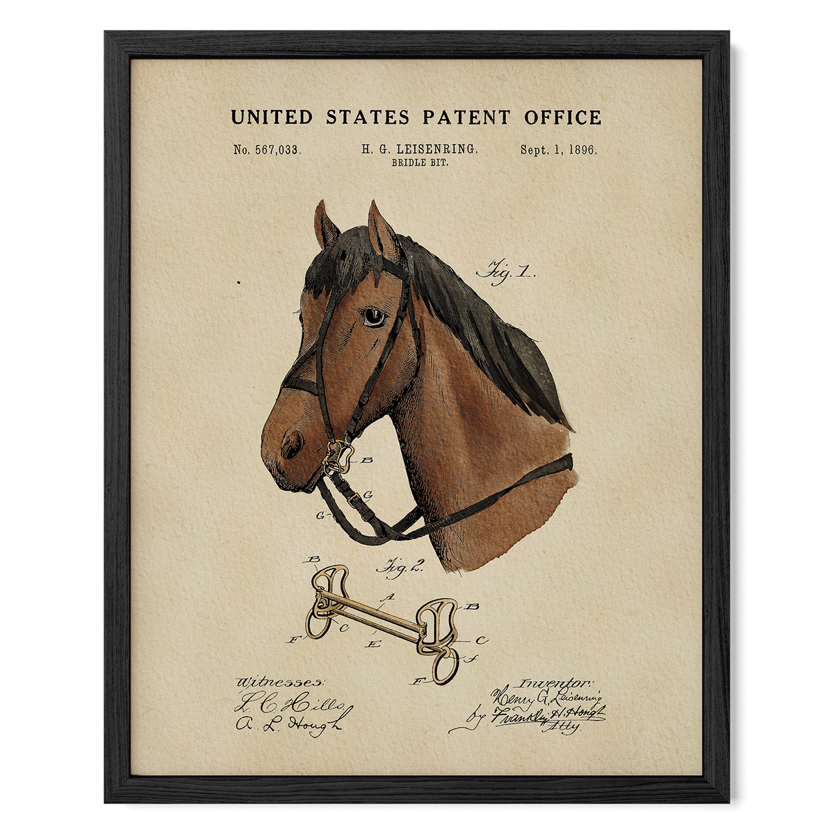 The image is a framed patent drawing depicting a horse's head and bridle, with accompanying technical drawings and text.