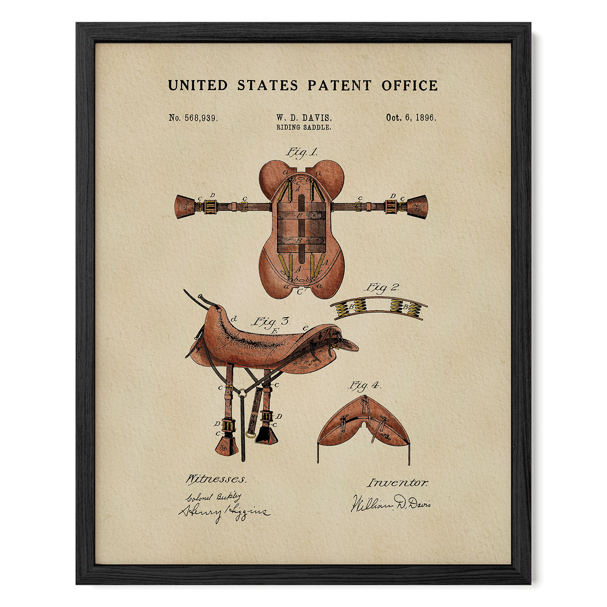 The image is a framed vintage patent drawing depicting a leather saddle, with accompanying technical drawings and inventors' signatures.