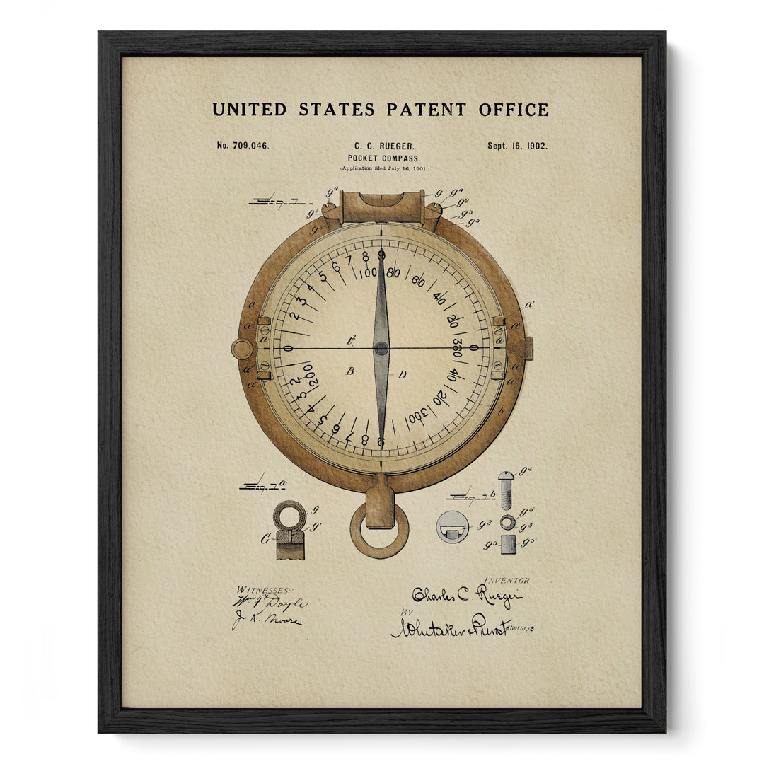 The image is a framed patent drawing of a compass, depicting the United States Patent Office from Sept. 18, 1902.