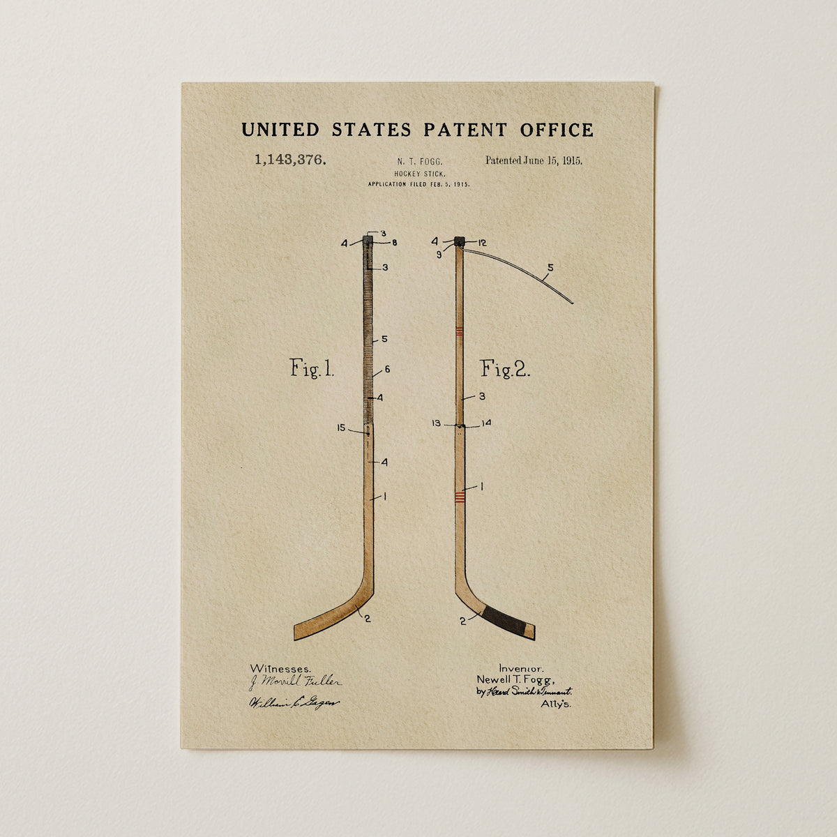 The image is a patent drawing from the United States Patent Office, depicting a new invention called the "Inventor's stick" or "Newton's stick". The drawing shows two wooden sticks with a curved end, labeled as Fig. 1 and Fig. 2. The drawing is signed by the inventors, William Smalley and Thomas Smalley, and is dated June 15, 1885.