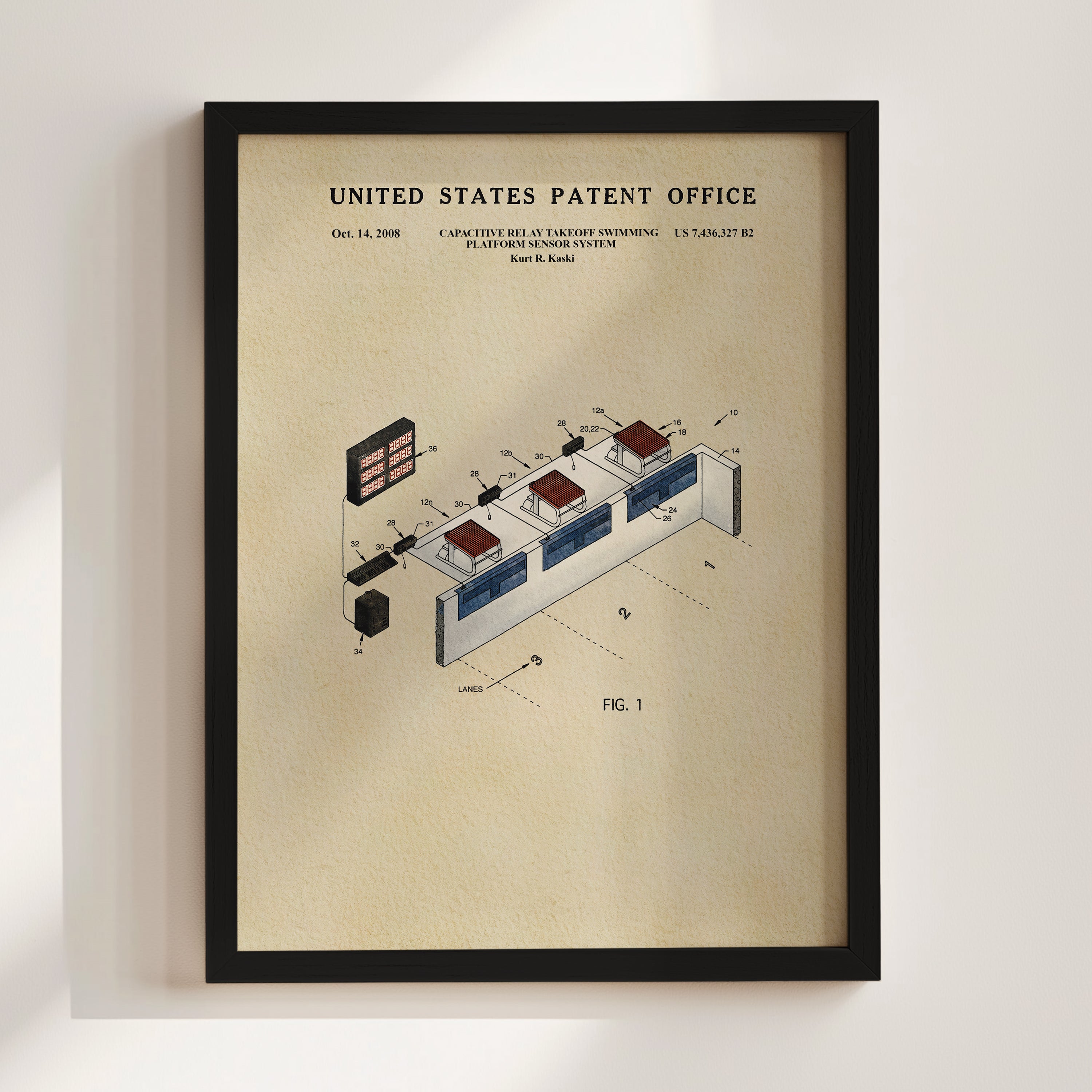 The image is a framed patent drawing depicting a technical drawing of a swimming pool system, with various components and parts labeled.