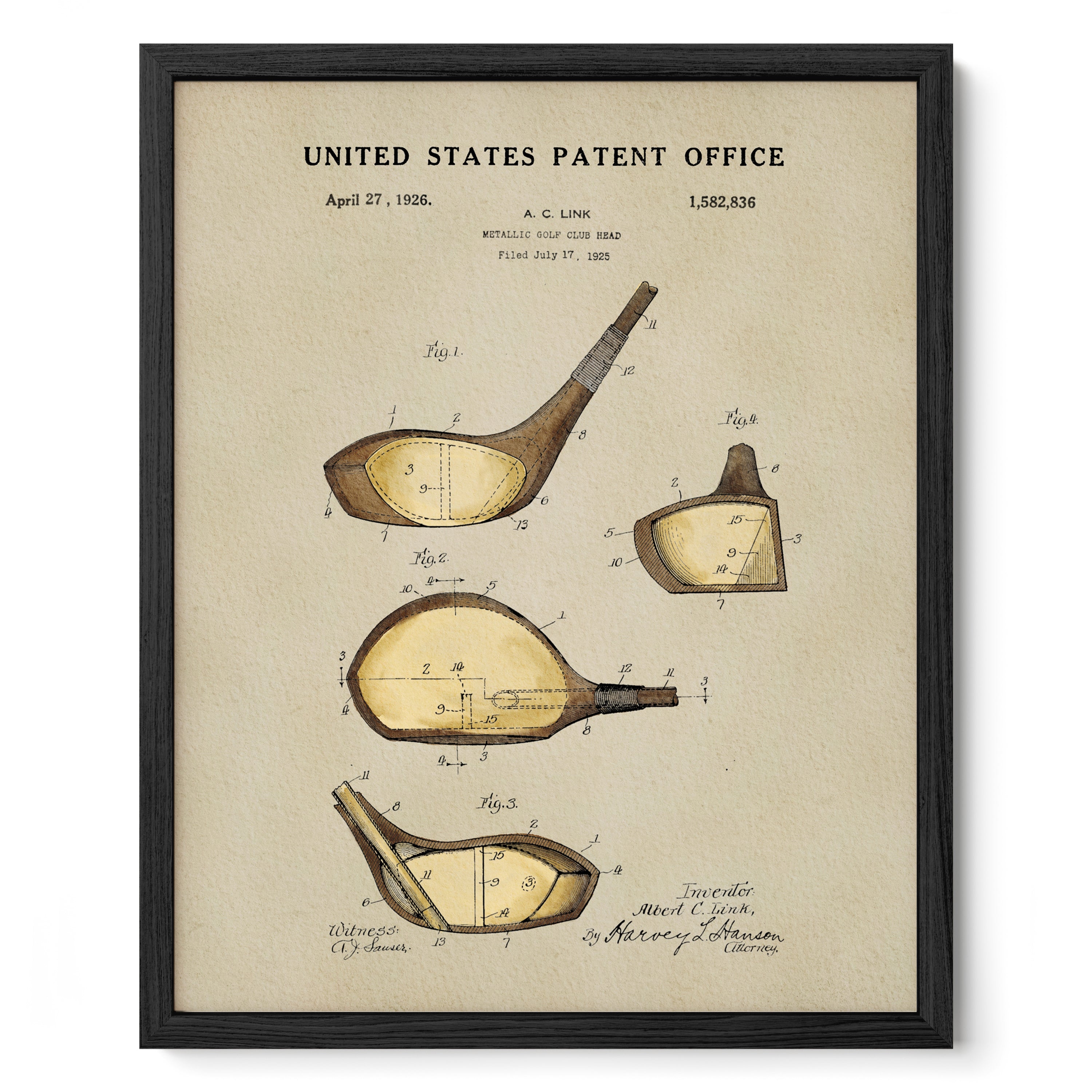 The image is a framed print depicting a patent filing from the United States Patent Office dated April 27, 1928. It shows a detailed drawing of a golf club, including its head, shaft, and other components.
