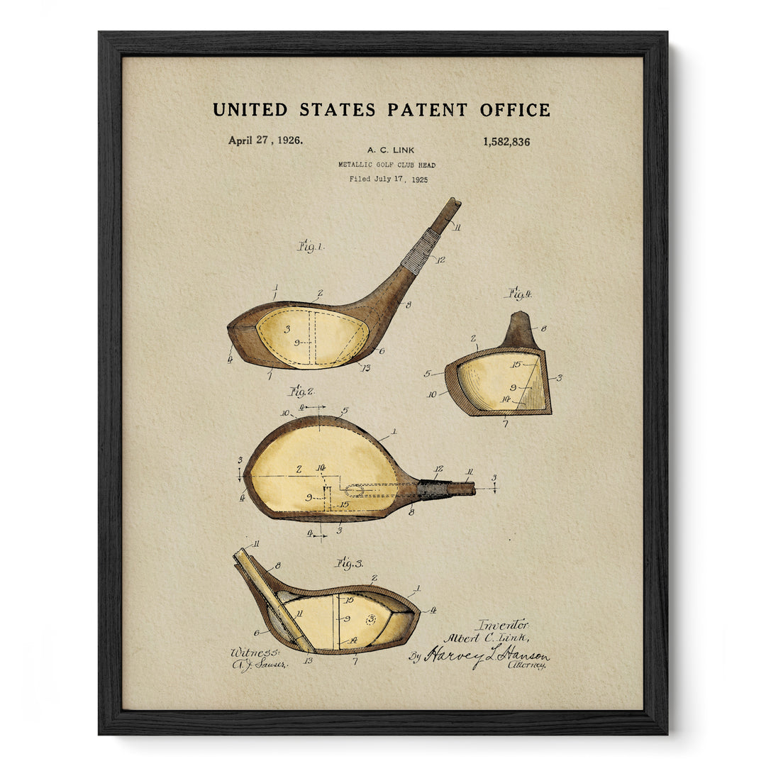 The image is a framed print depicting a patent filing from the United States Patent Office dated April 27, 1928. It shows a detailed drawing of a golf club, including its head, shaft, and other components.