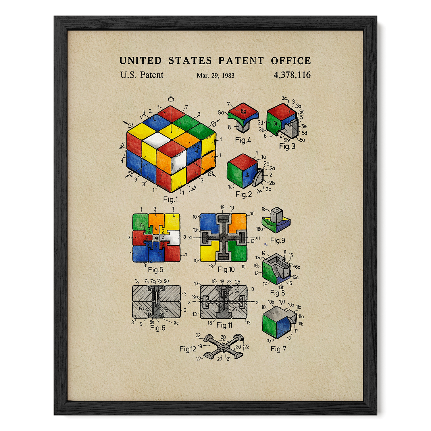 The image is a framed patent drawing depicting a Rubik's cube and its various components, including the cube itself and the individual pieces.