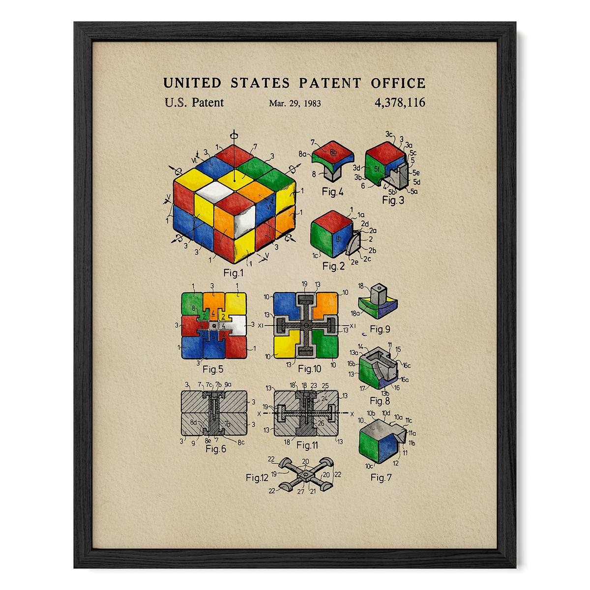 The image is a framed patent drawing depicting a Rubik's cube and its various components, including the cube itself and the individual pieces.