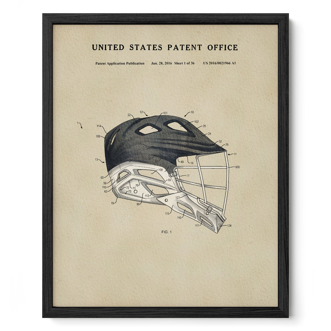 A framed vintage-style patent drawing of a lacrosse helmet, depicting the design and features of the helmet.