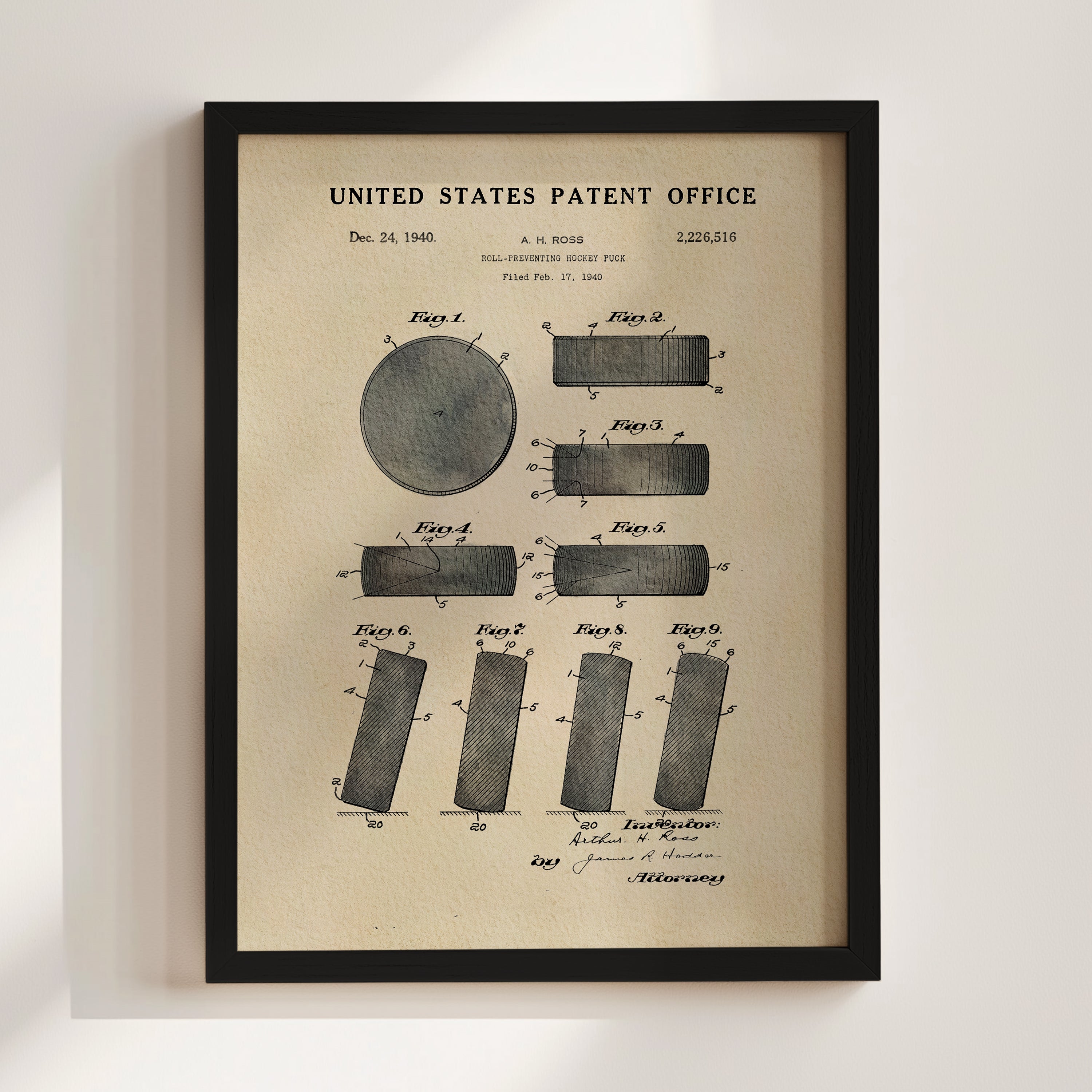 The image is a framed patent drawing from the United States Patent Office, depicting a hockey puck.
