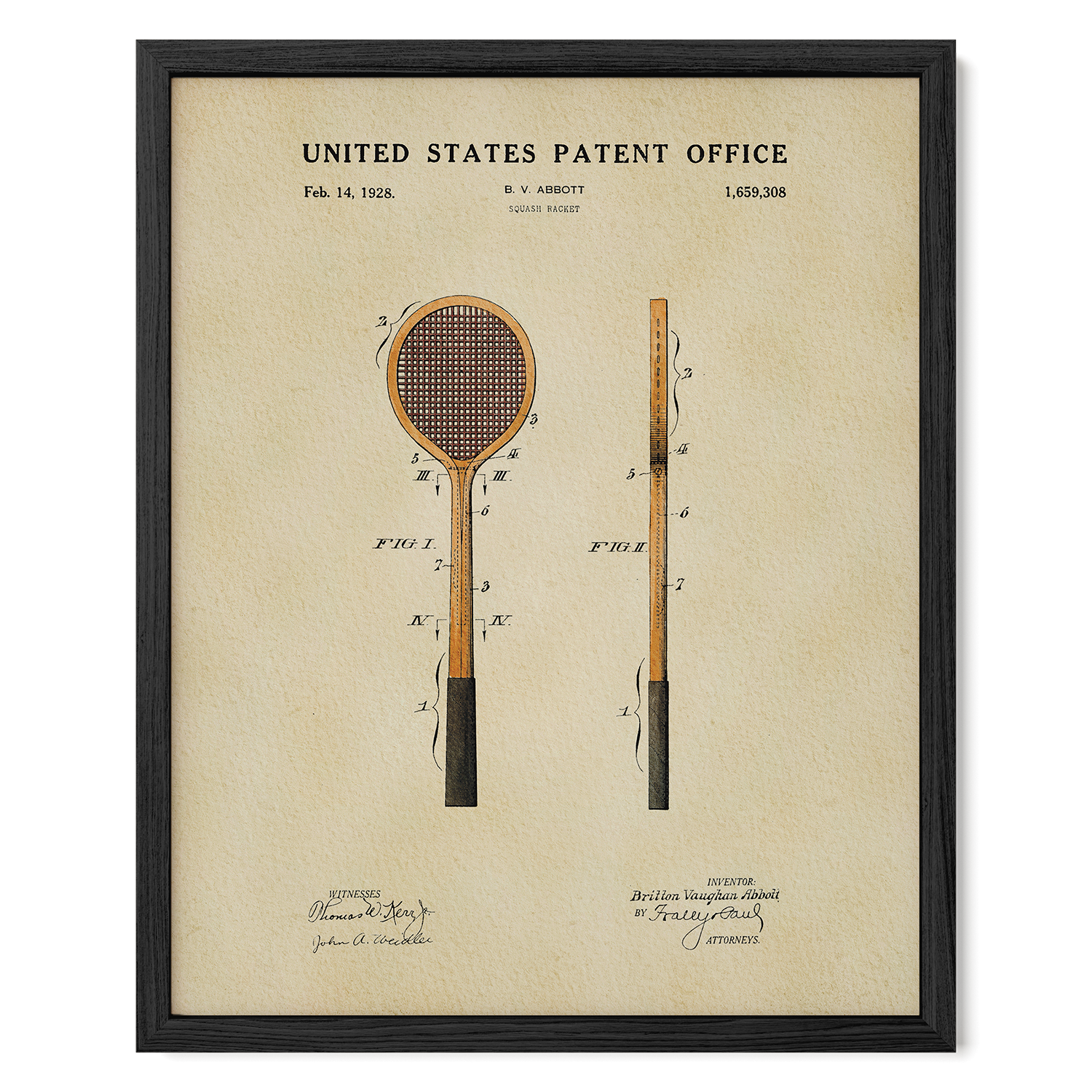 The image is a framed patent drawing of a tennis racket, depicting both the front and back views of the racket.