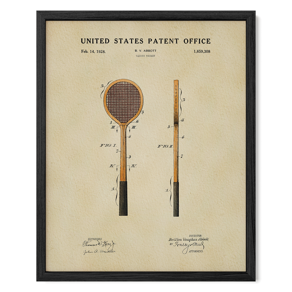 The image is a framed patent drawing of a tennis racket, depicting both the front and back views of the racket.