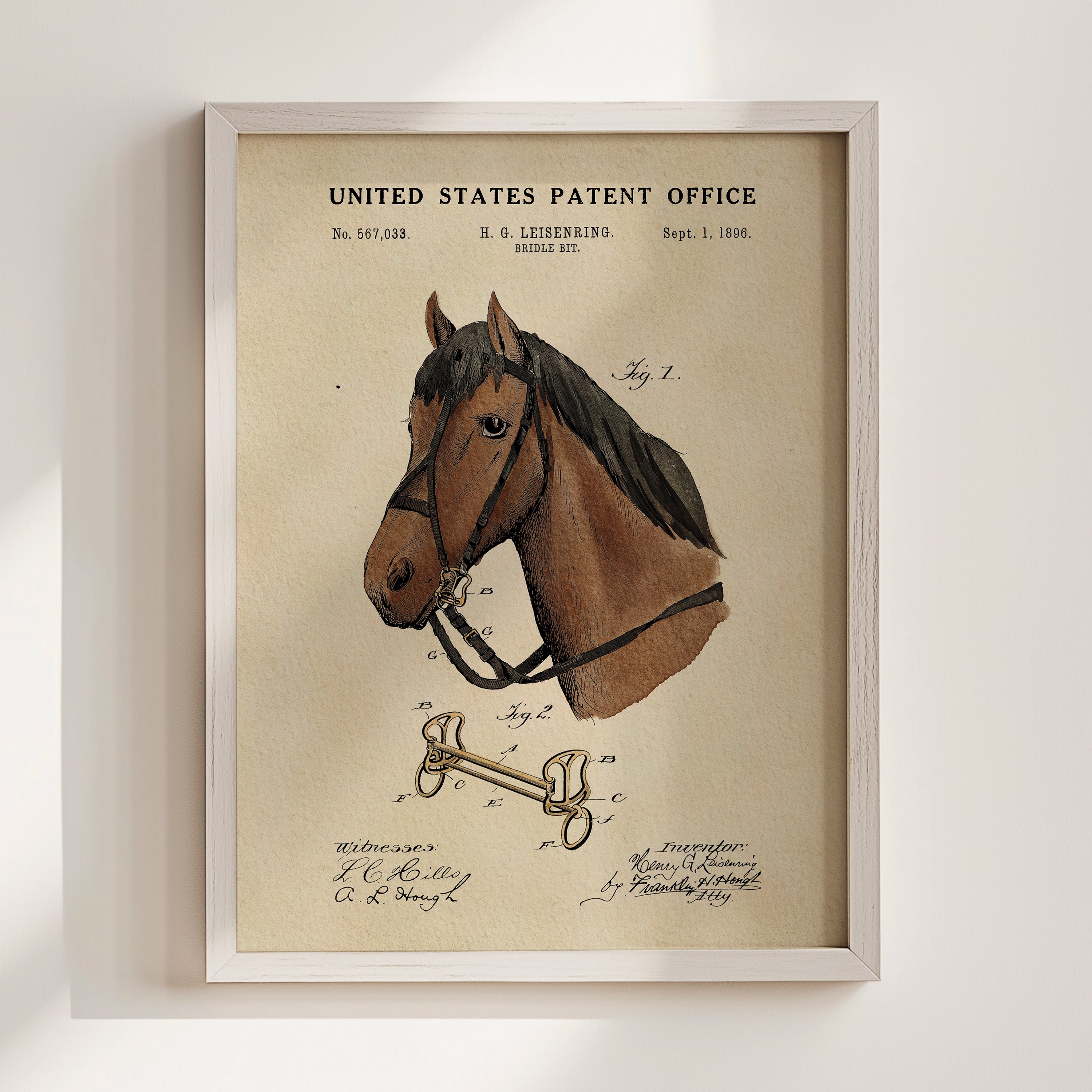 The image is a framed print depicting a horse's head and harness, with a United States Patent Office label.