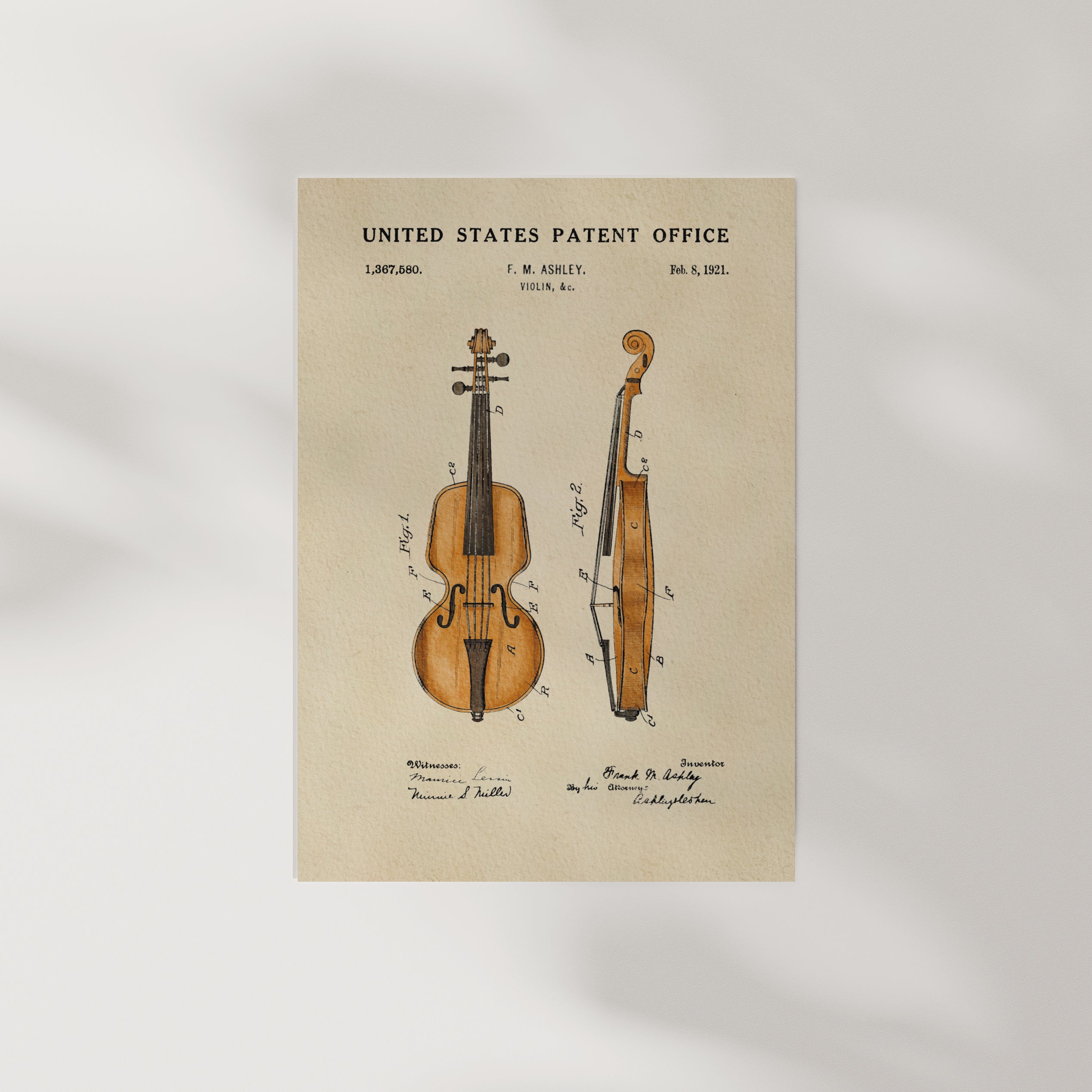 The image is a vintage patent drawing of a violin, depicting the instrument in a detailed and intricate manner.