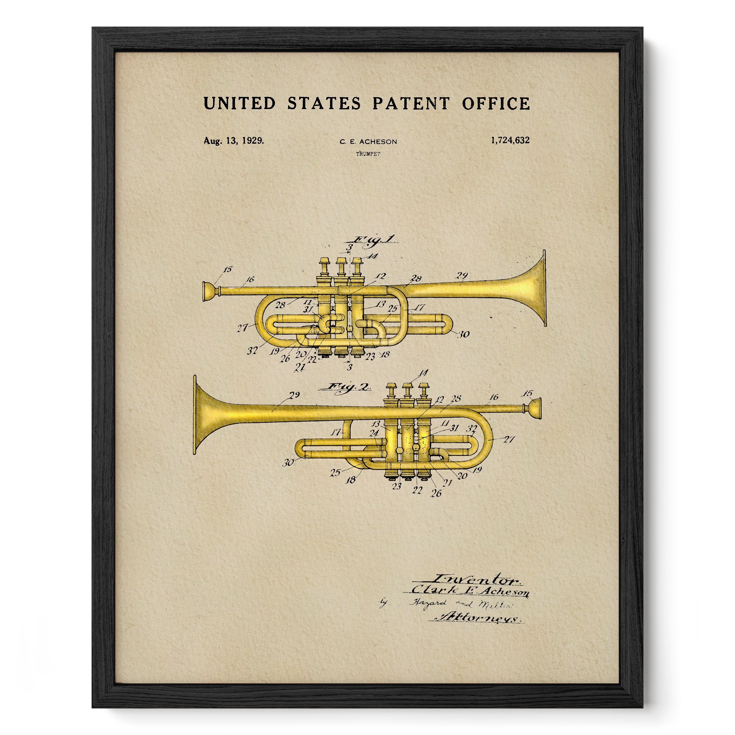 The image is a framed patent drawing of a trumpet, depicting the design and features of the instrument.