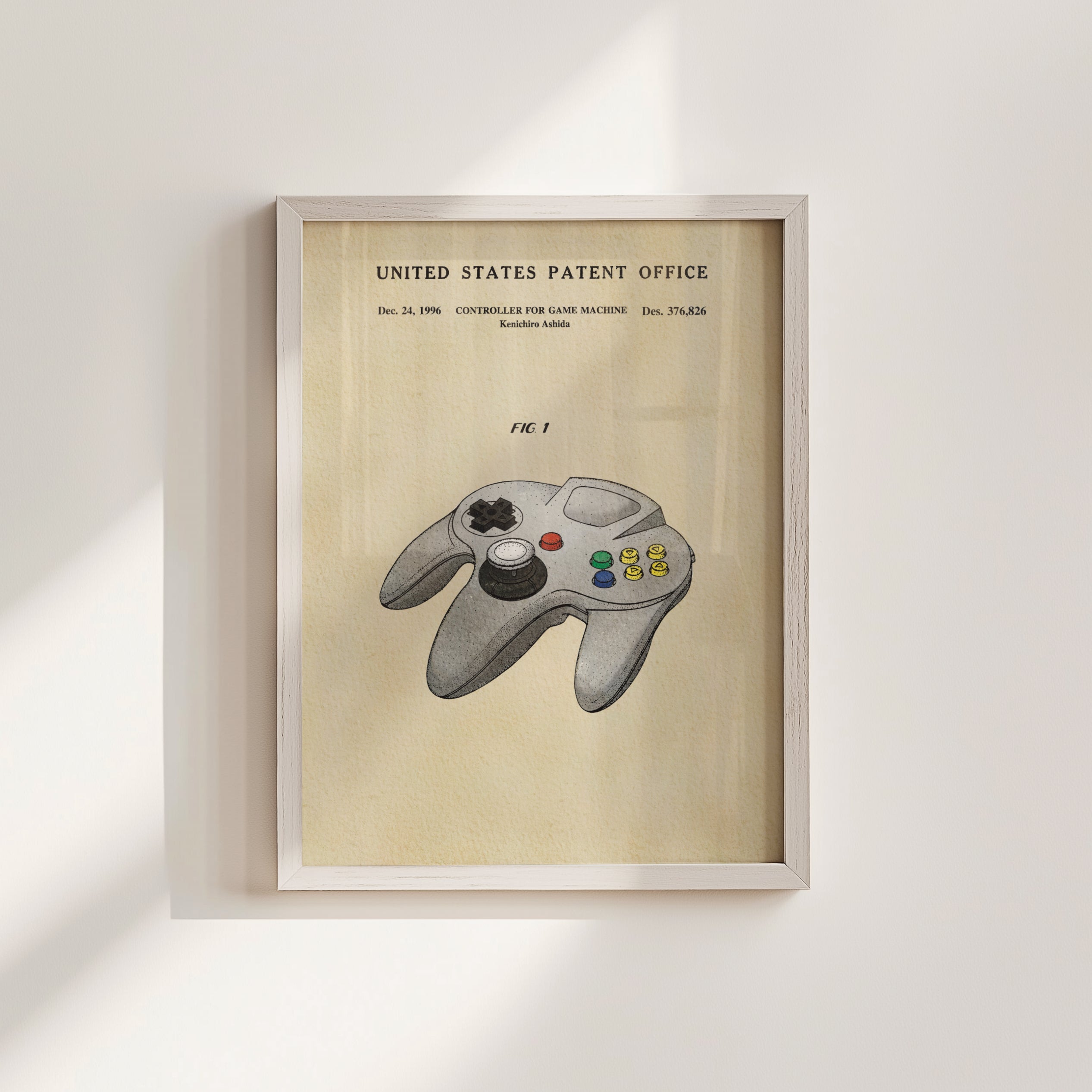 The image is a framed poster or artwork depicting a Nintendo 64 controller, which is a classic video game console.