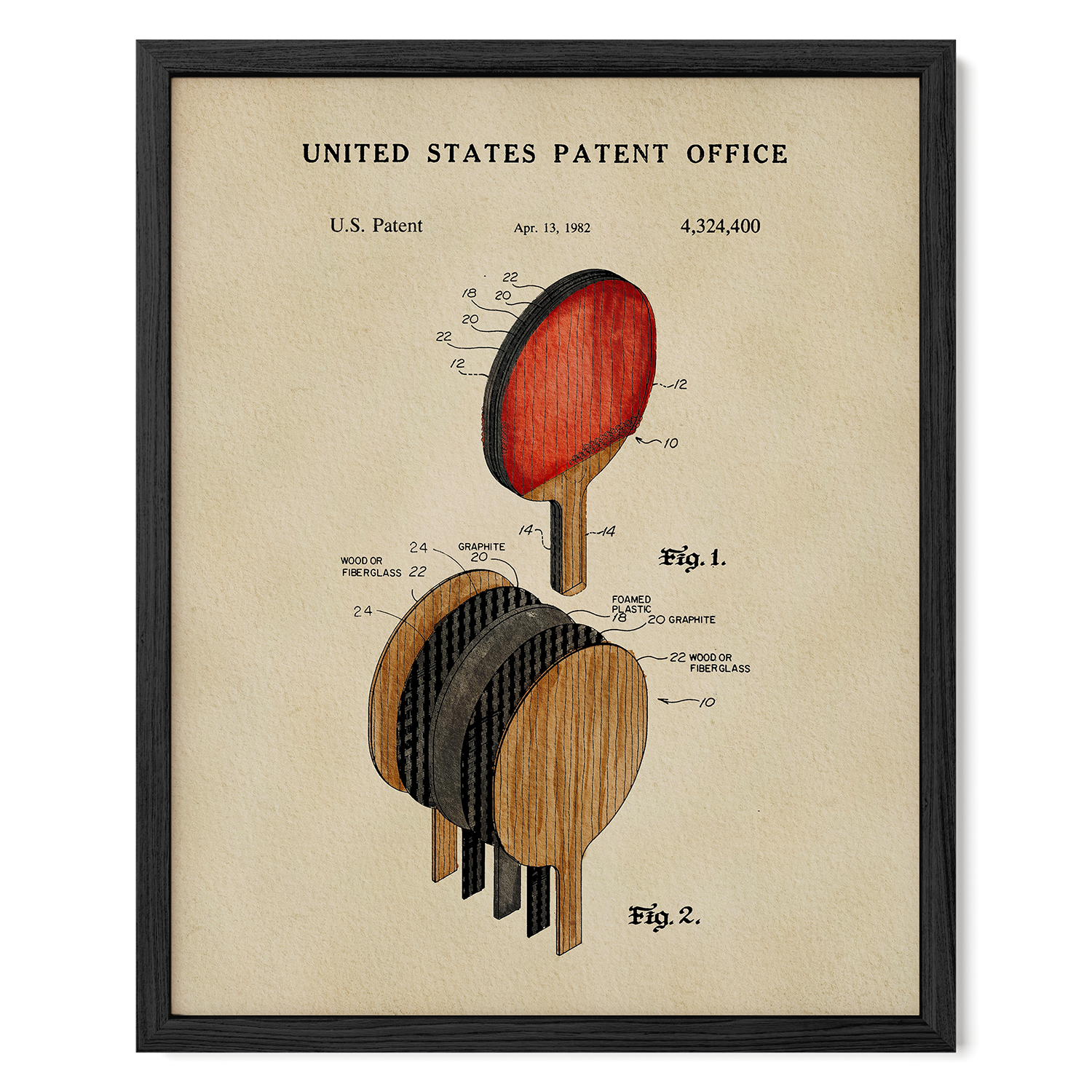 The image is a framed patent drawing depicting a paddle, likely a paddle table, with detailed technical drawings and labels.