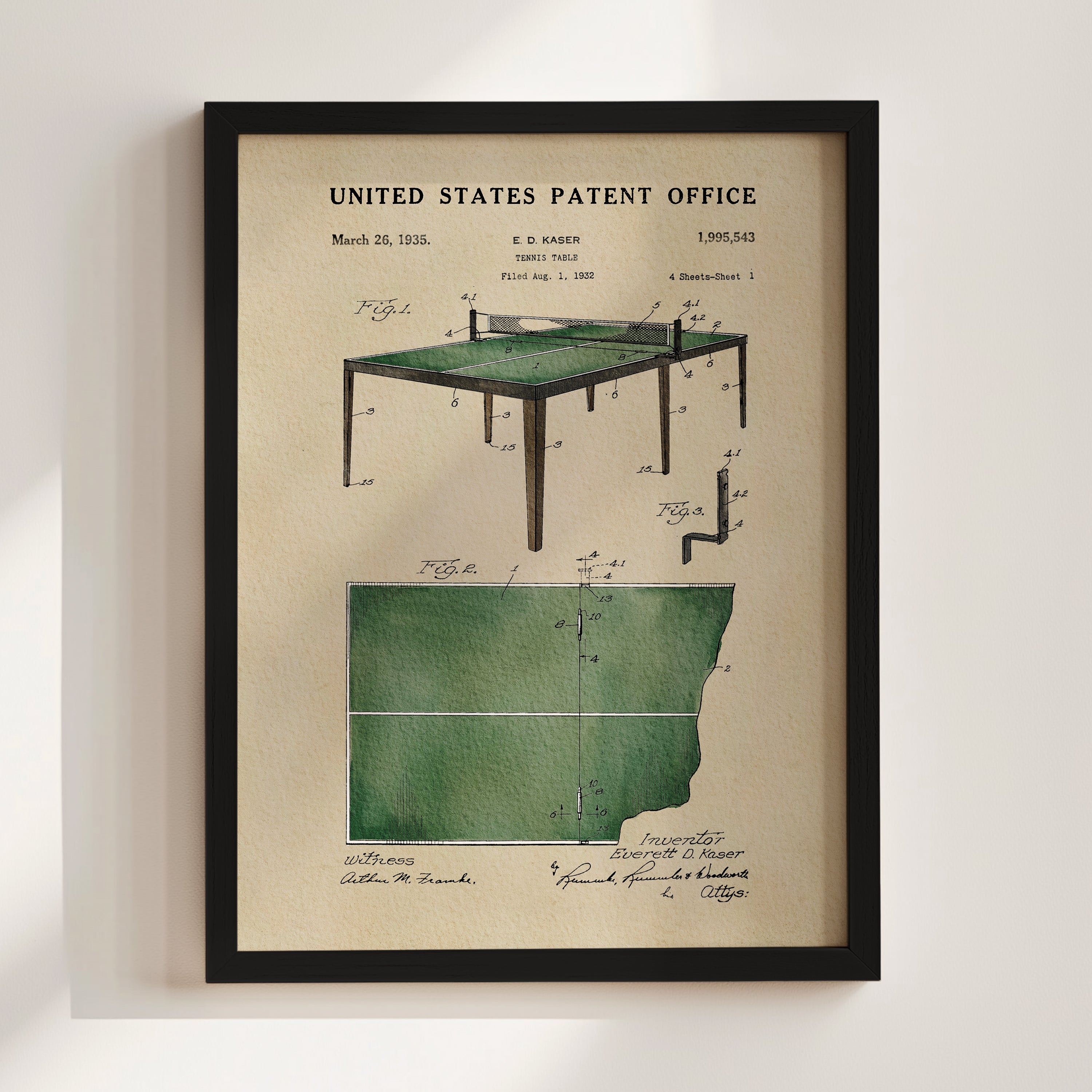 The image is a framed vintage patent drawing of a table tennis table, featuring a detailed technical drawing and a patent application.