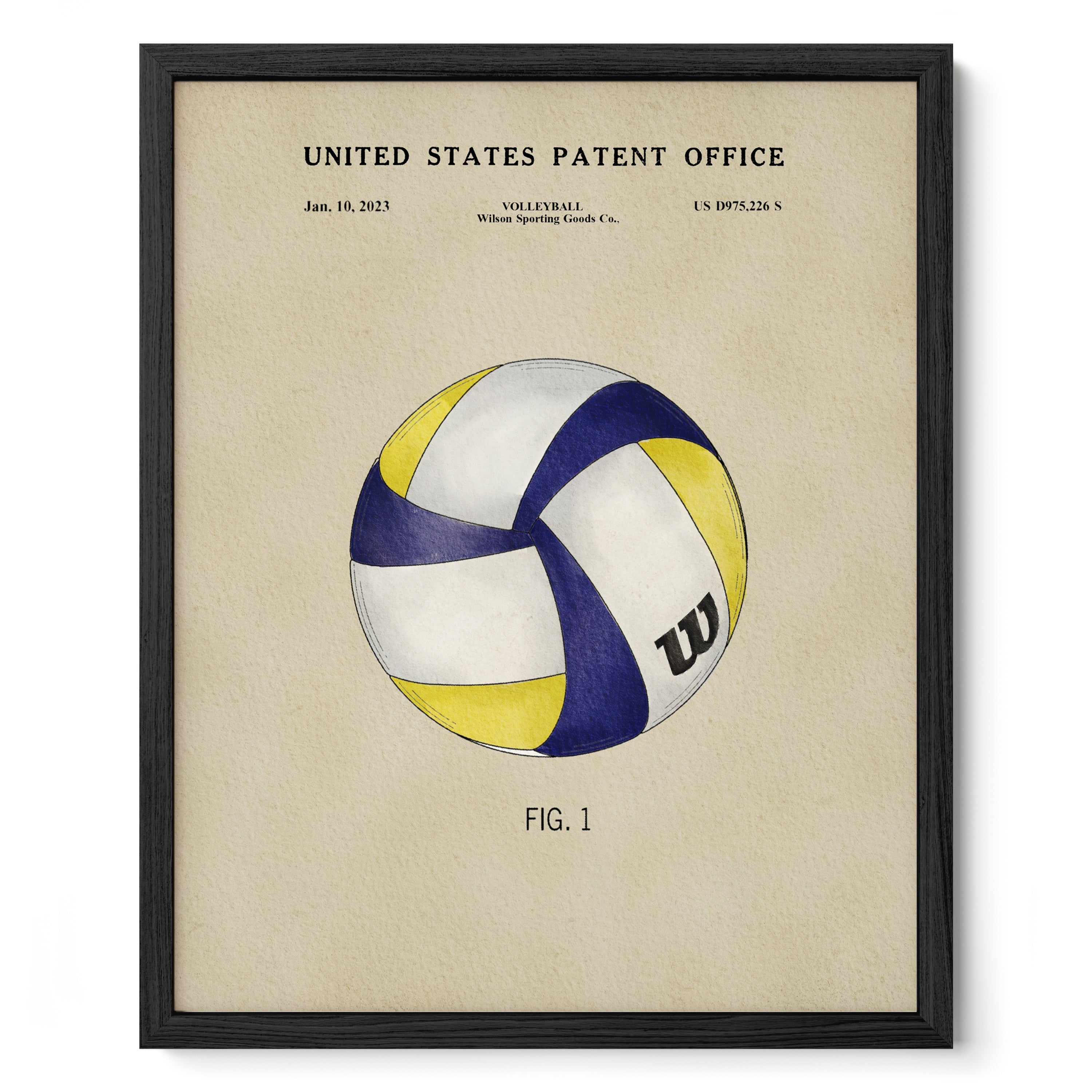 The image is a framed print of a volleyball patent from the United States Patent Office, dated January 10, 2023.