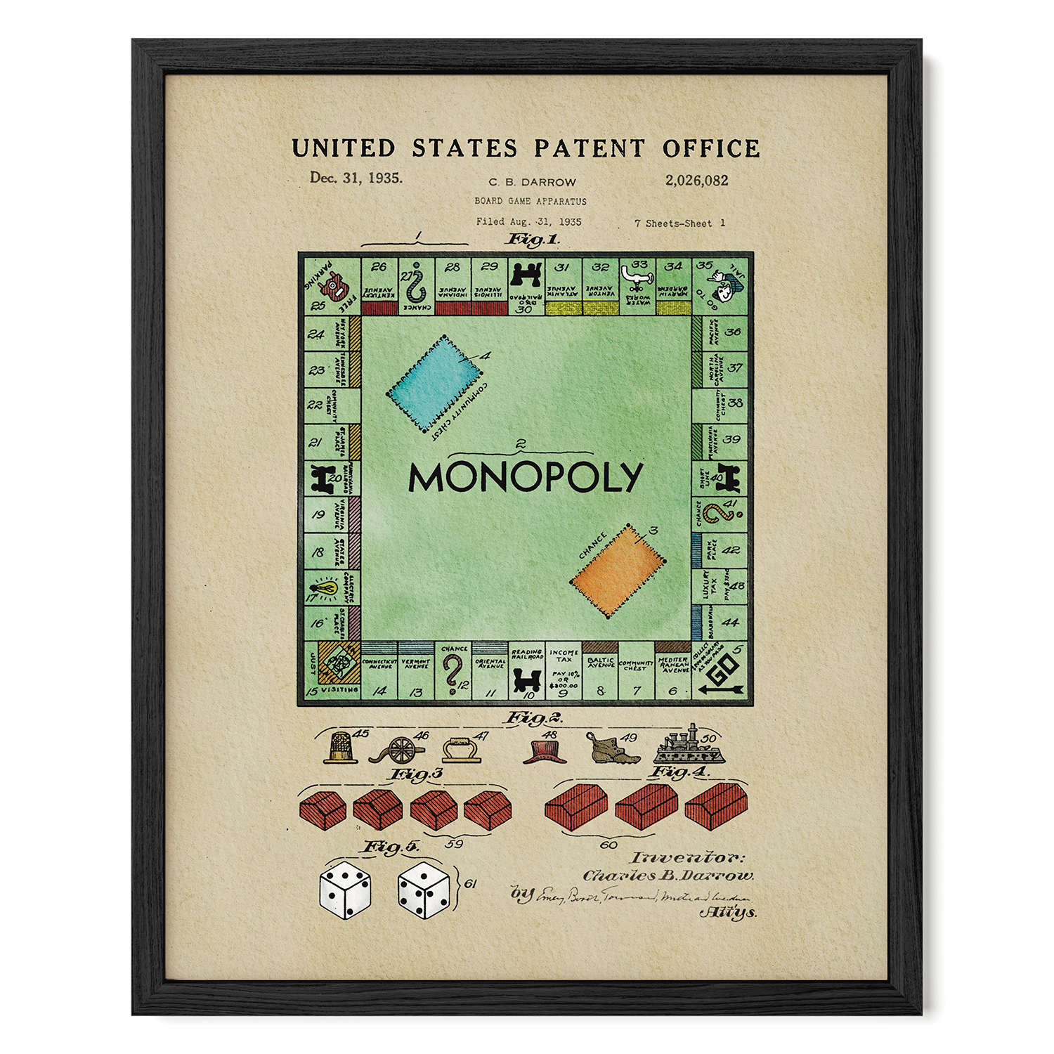 The image is a framed patent drawing of the Monopoly board game, depicting the game's design and features.