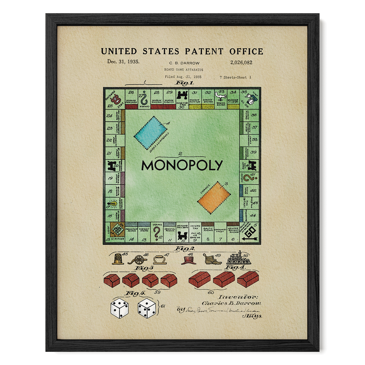 The image is a framed patent drawing of the Monopoly board game, depicting the game's design and features.