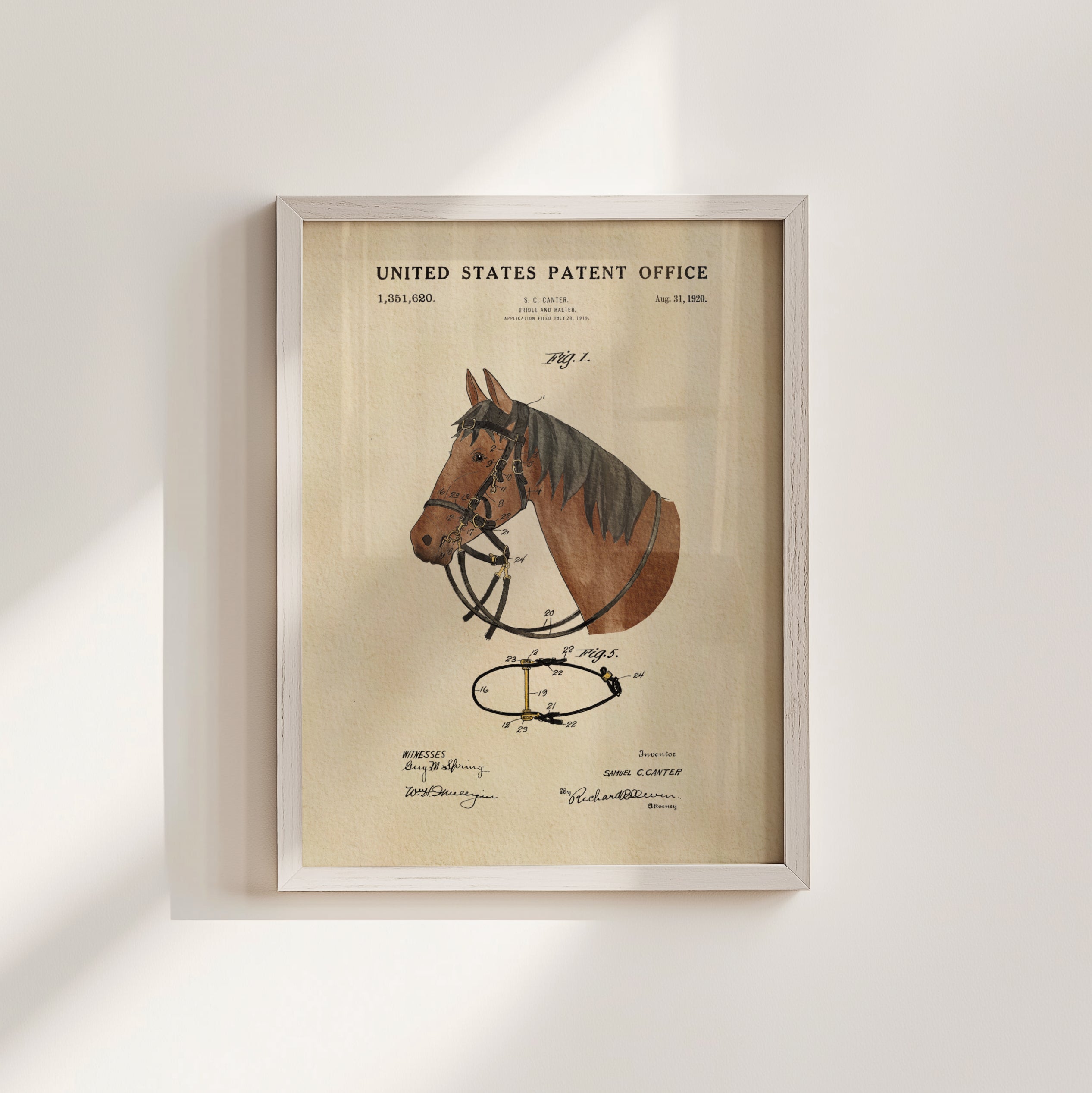 The image is a framed print of a horse's head with a detailed drawing and text, likely a patent drawing, against a white background.