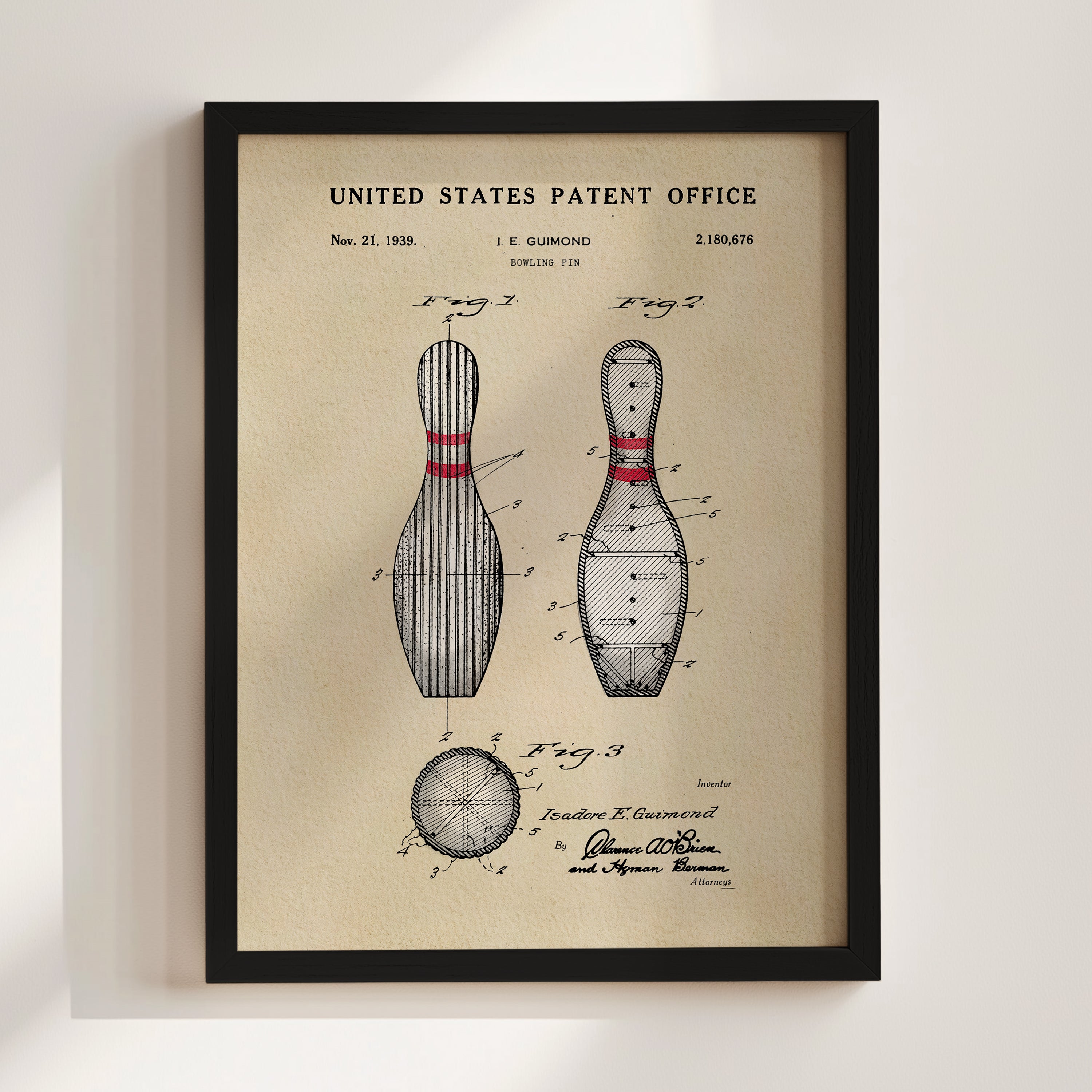 The image is a framed patent drawing of a bowling pin, depicting the design and features of the pin.