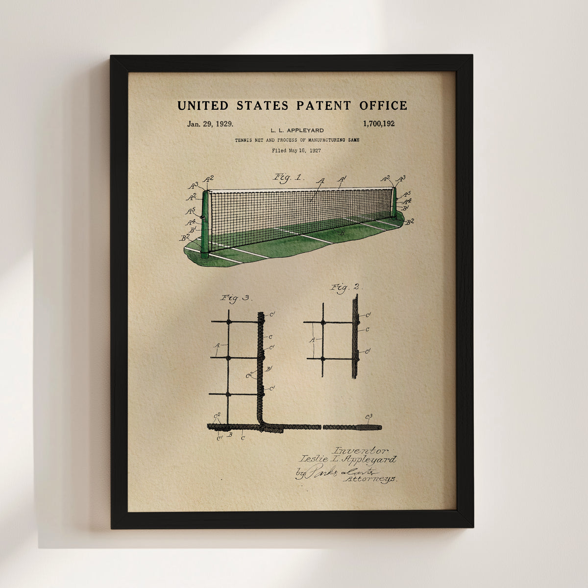 The image is a framed patent drawing depicting a tennis net and its components, including the netting, the net post, and the net frame.