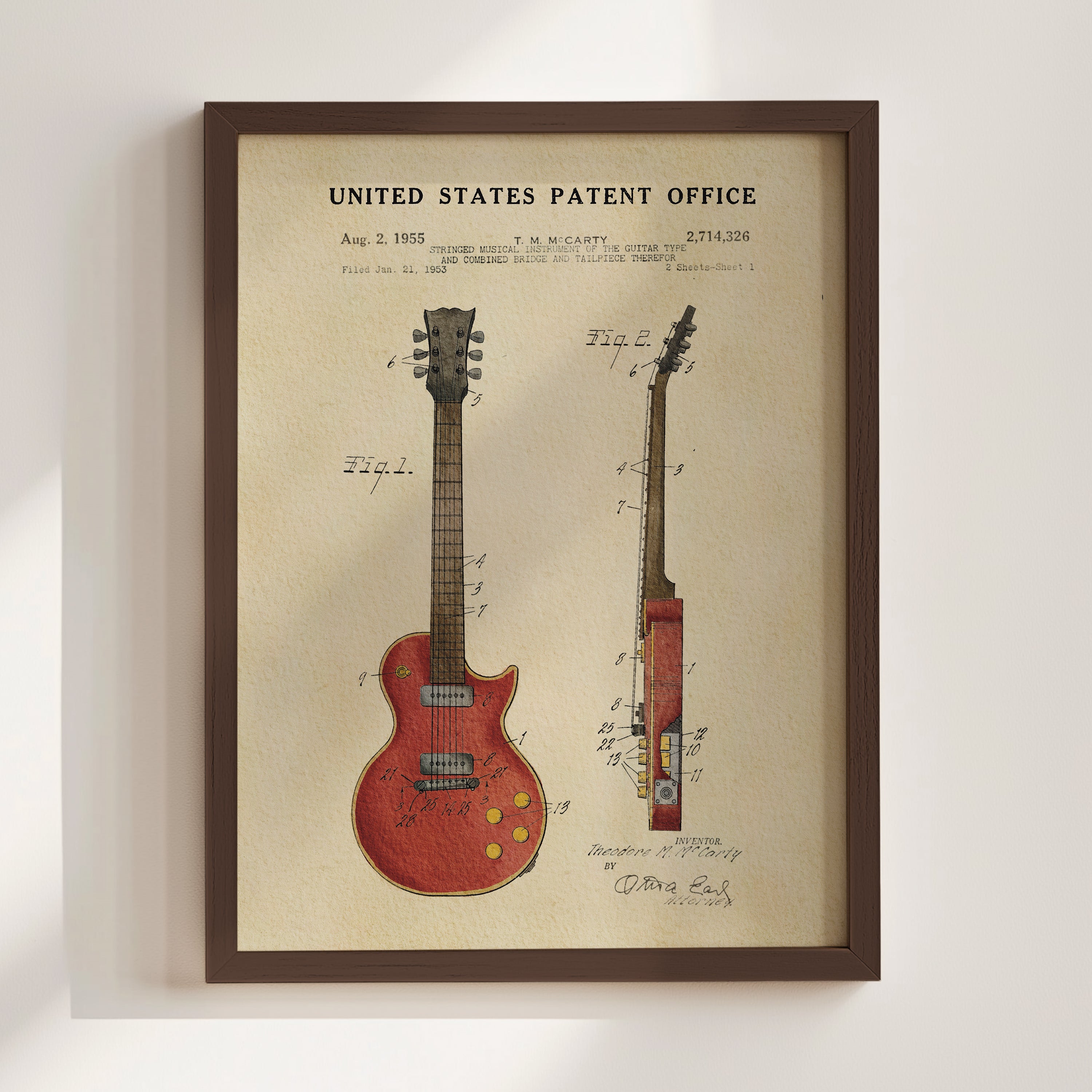 The image is a framed patent drawing of a red electric guitar, depicting the design and features of the guitar.